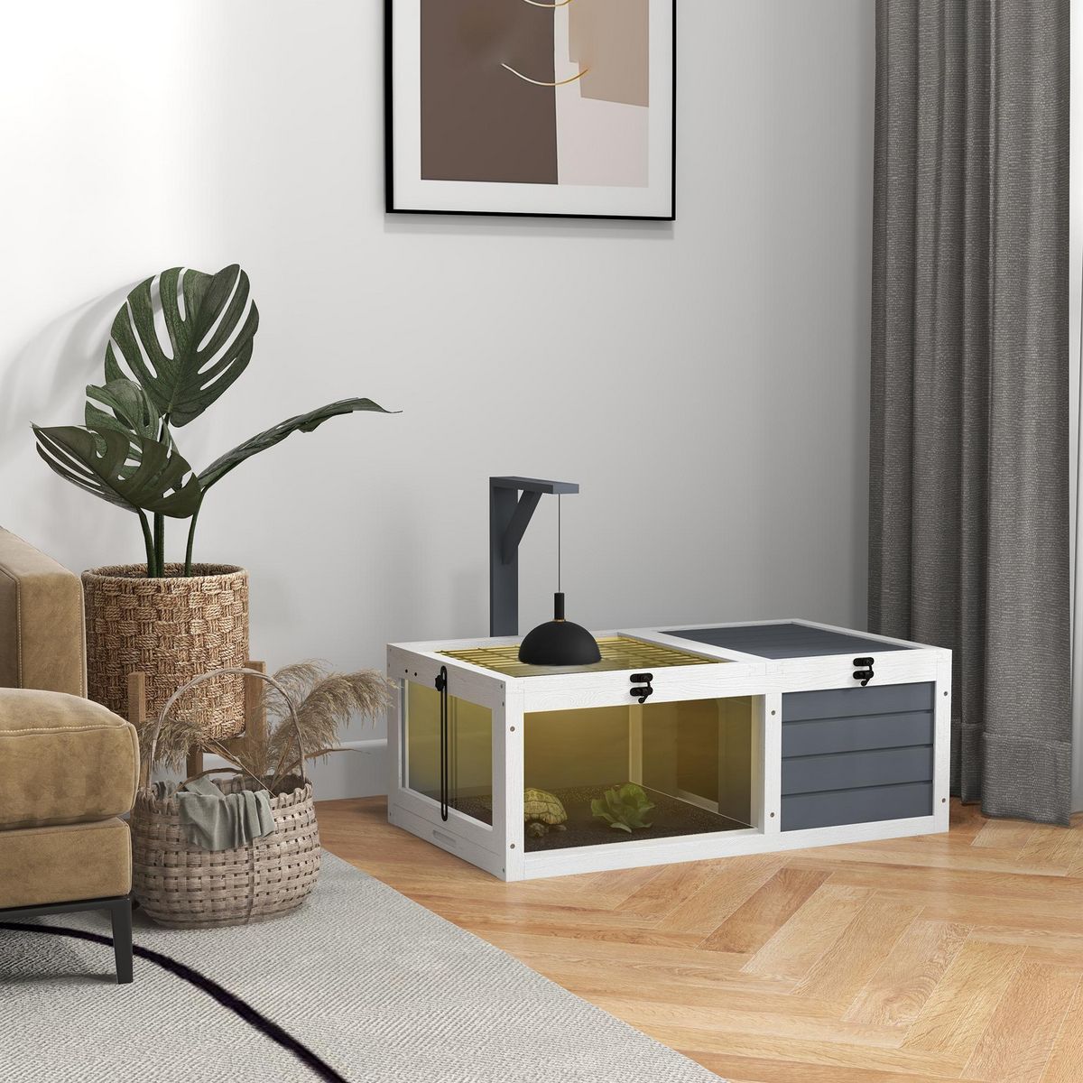 PAWHUT Maison enclos cage pour petit animal tortue avec 2 espaces bois gris