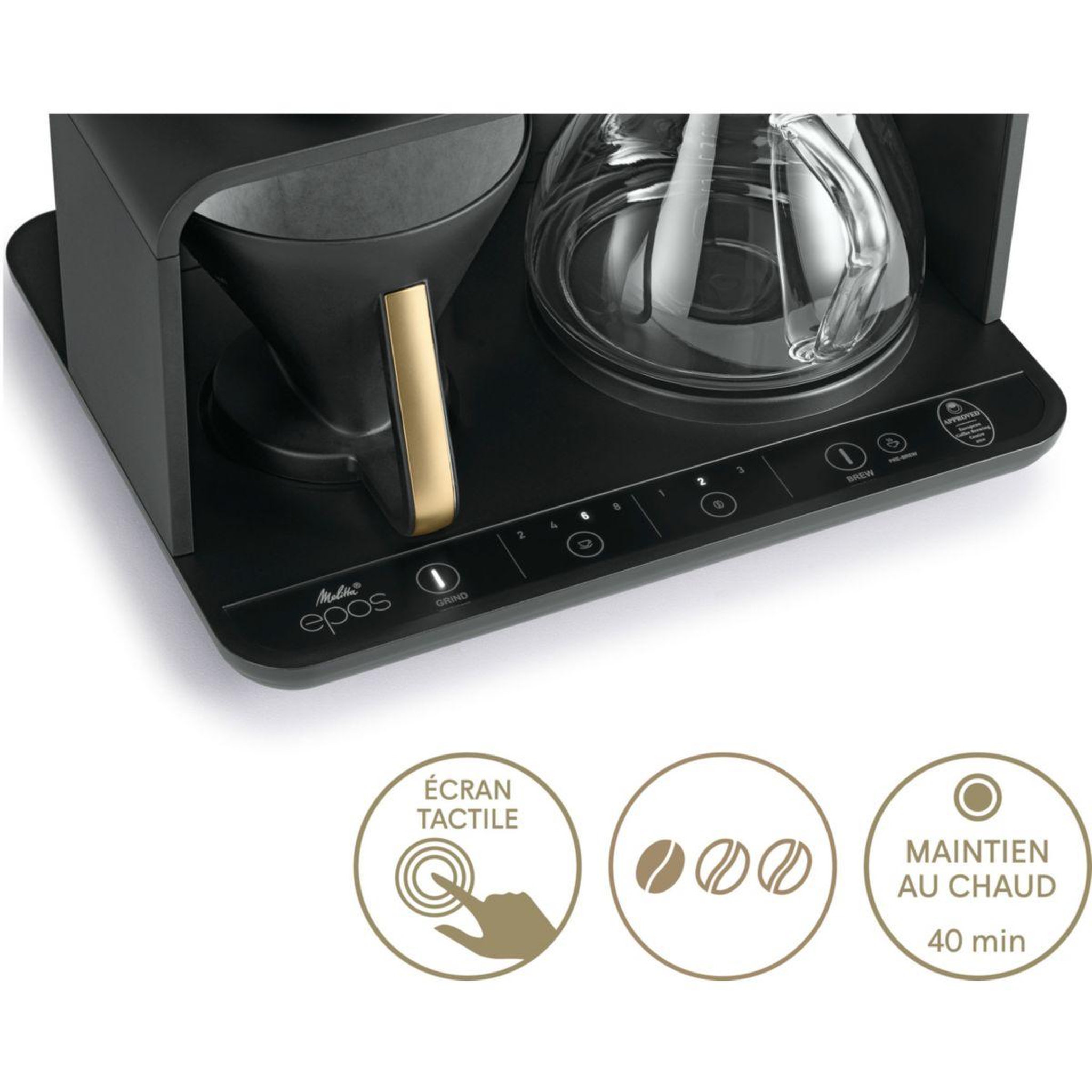 Voir la diapositive 5 : Melitta Cafetière filtre epos avec broyeur intégré schwarz-gold