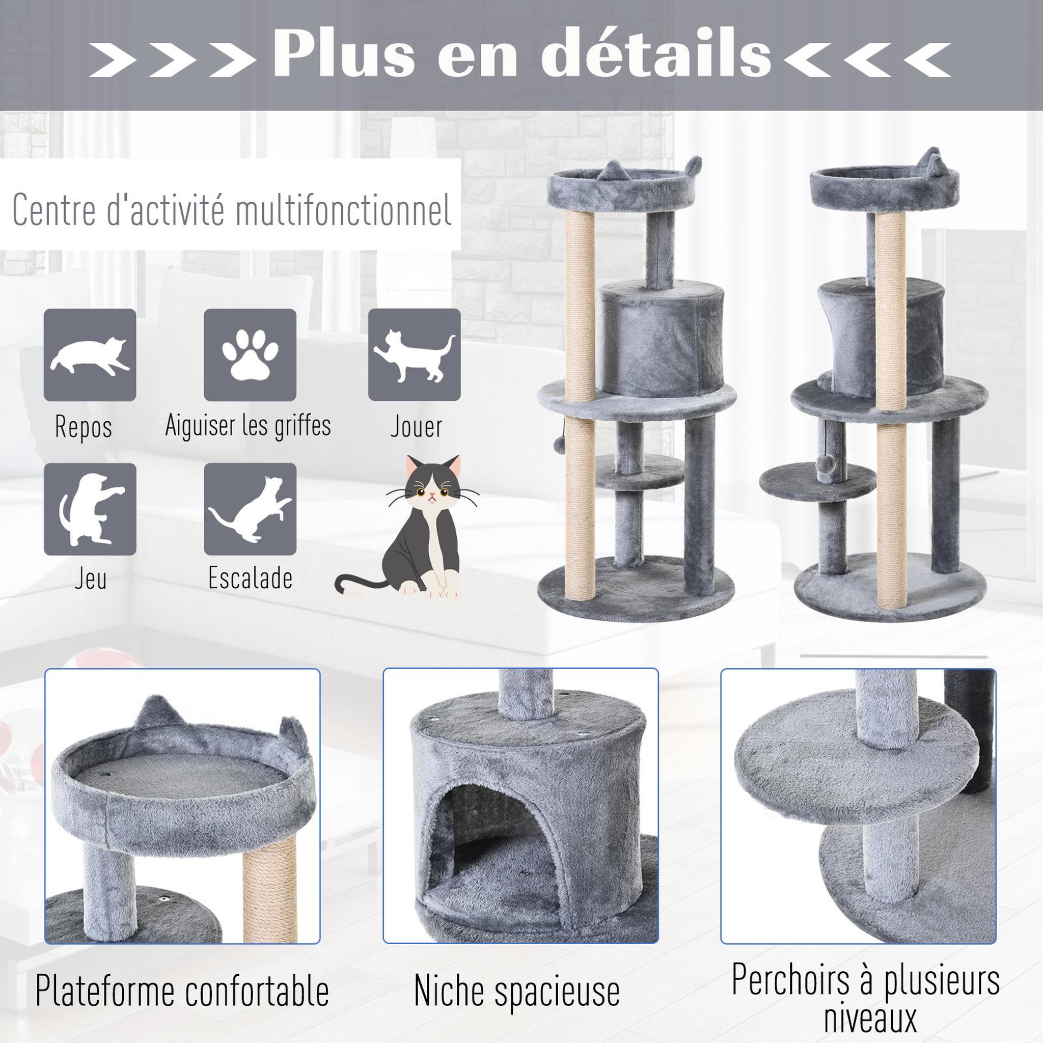 Voir la diapositive 5 : PAWHUT Arbre à chats multi-équipements griffoirs grattoirs plateformes niche jeu boule suspendue Ø 48 x 104H cm gris