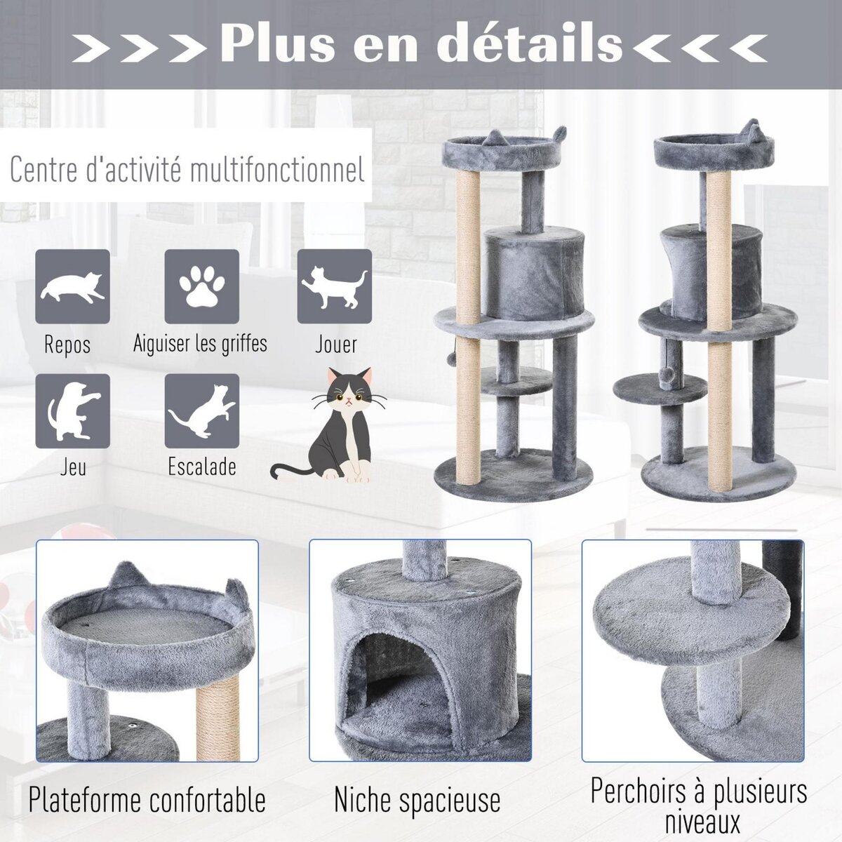 PAWHUT Arbre à chats multi-équipements griffoirs grattoirs plateformes niche jeu boule suspendue Ø 48 x 104H cm gris