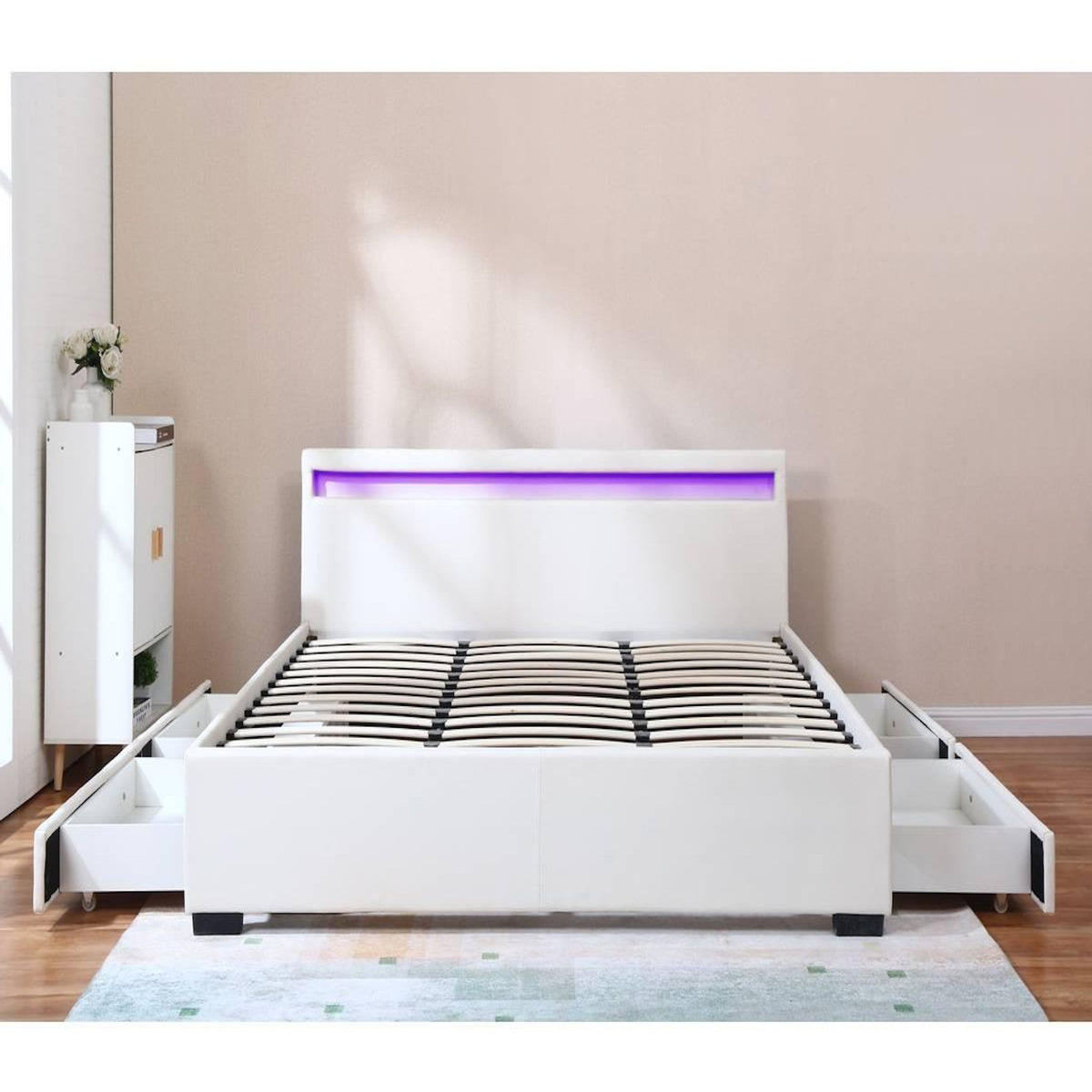 Habitat et Jardin LIT LED double avec 4 tiroirs  Nico  - 180 x 200 cm - Blanc