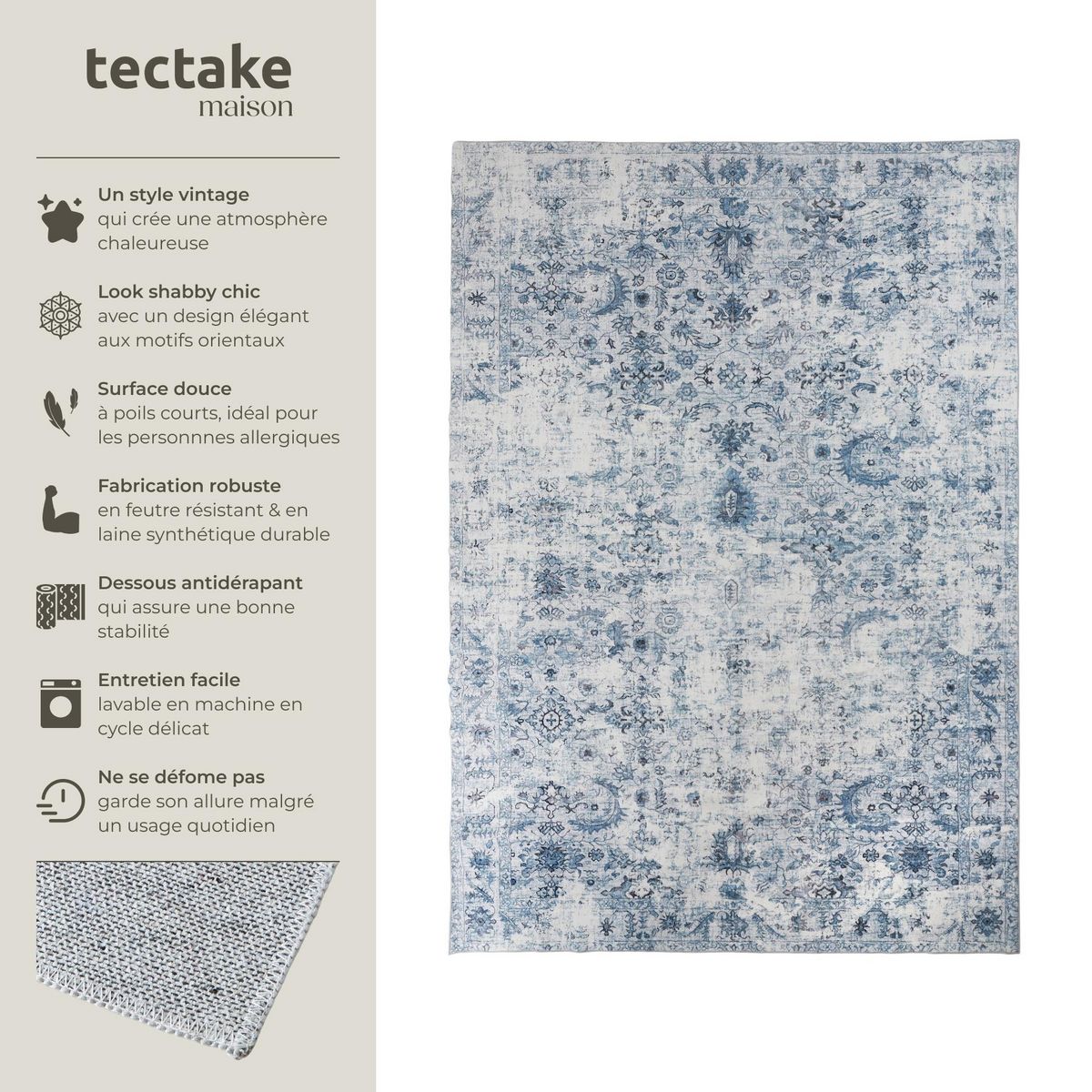 tectake Tapis vintage design à poils courts en laine synthétique et feutre bleu 240 x 340 cm