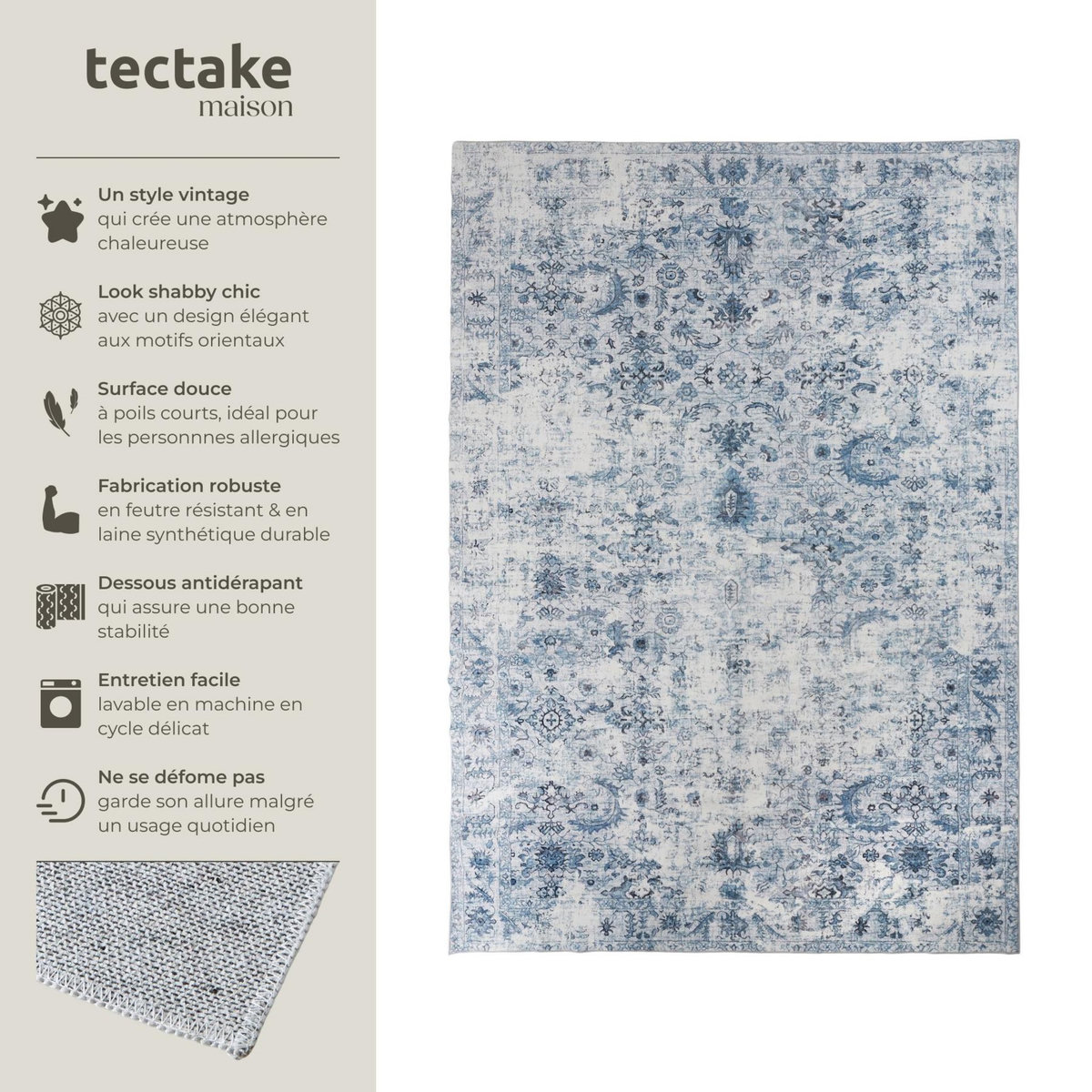 tectake Tapis vintage design à poils courts en laine synthétique et feutre bleu 240 x 340 cm