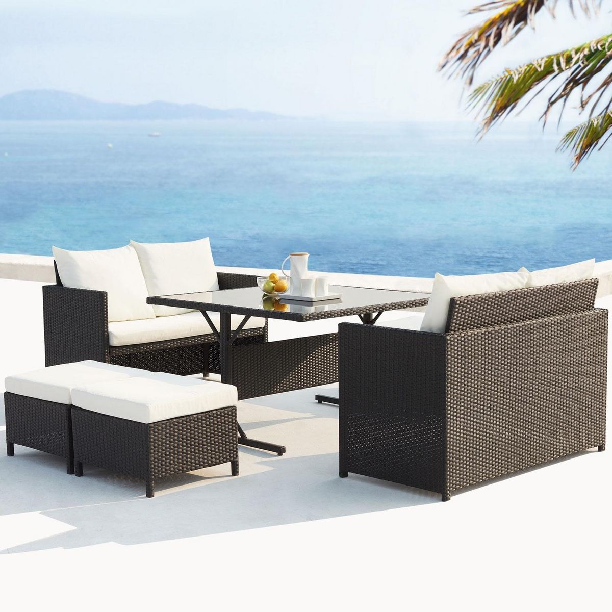 CONCEPT USINE Salon de jardin encastrable 8 places en résine noir-blanc NOUMÉA