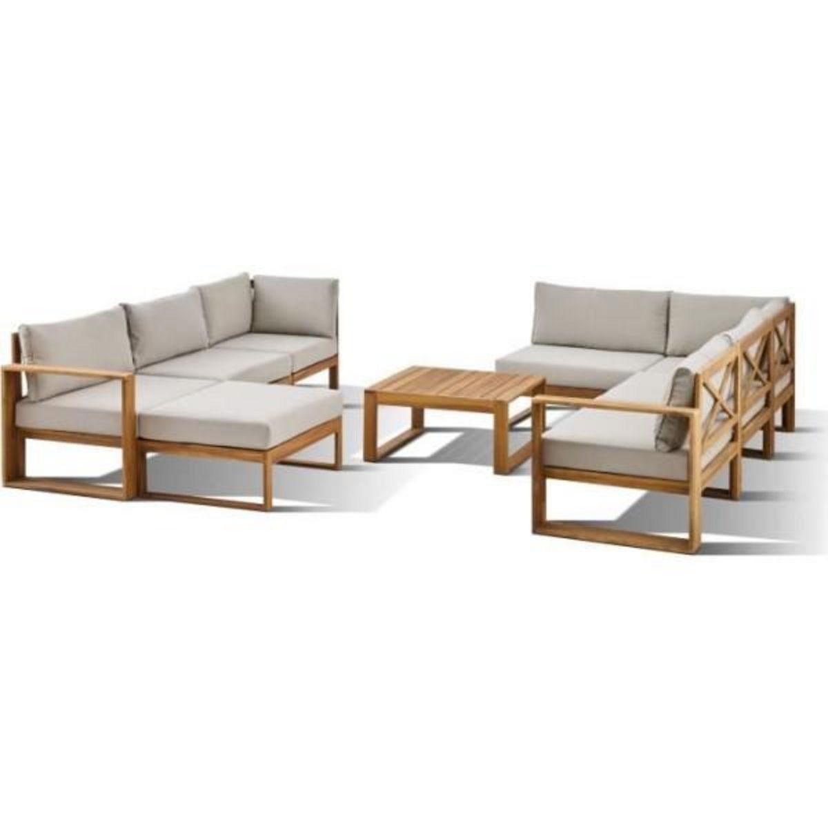 BOCARNEA Salon de jardin d'angle modulable - Bois d'acacia - 9 personnes - LEVATA XXL - Lin + Housse