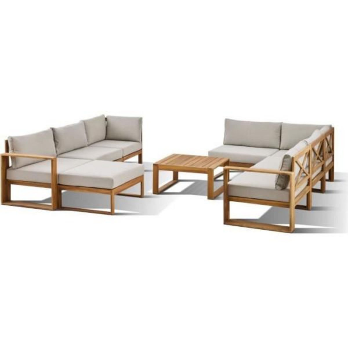 BOCARNEA Salon de jardin d'angle modulable - Bois d'acacia - 9 personnes - LEVATA XXL - Lin + Housse