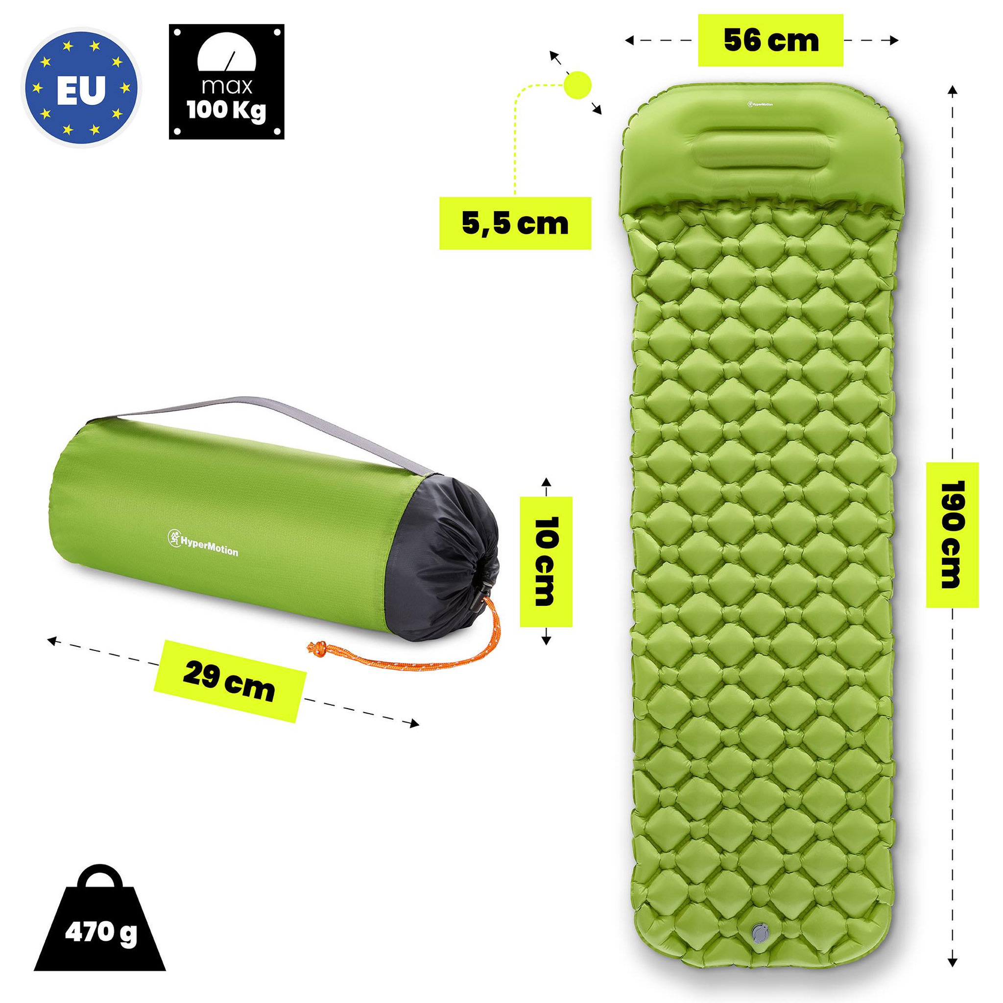 Voir la diapositive 3 : HYPERMOTION Matelas de Camp Gonflable Ultraléger de Randonnée Campmat 1 Place avec Oreiller Intégré 190x56cm