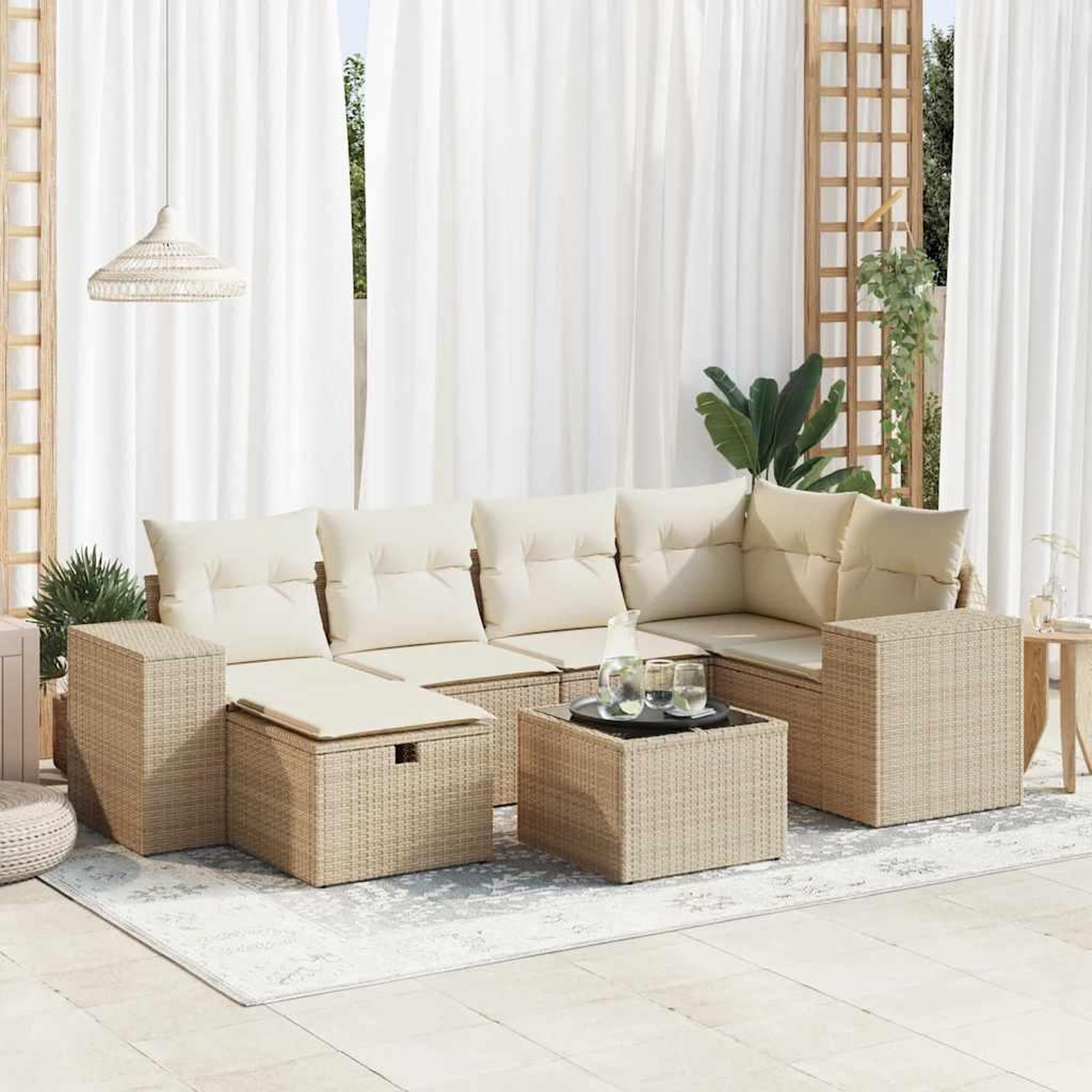 VIDAXL Salon de jardin avec coussins 7 pcs beige resine tressee