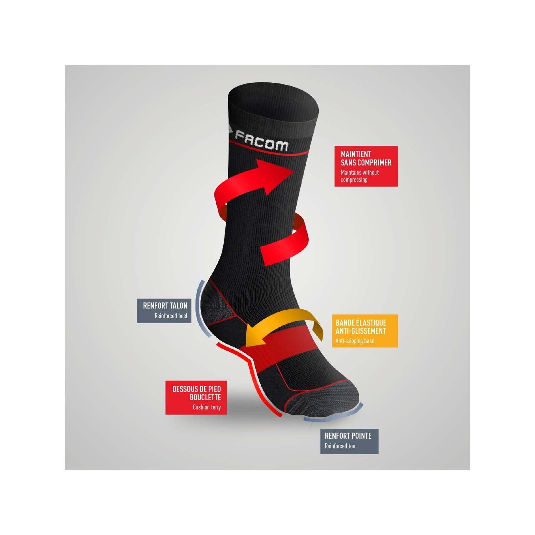 Voir la diapositive 2 : FACOM Lot de 6 Paires de Chaussettes longues de travail homme Red