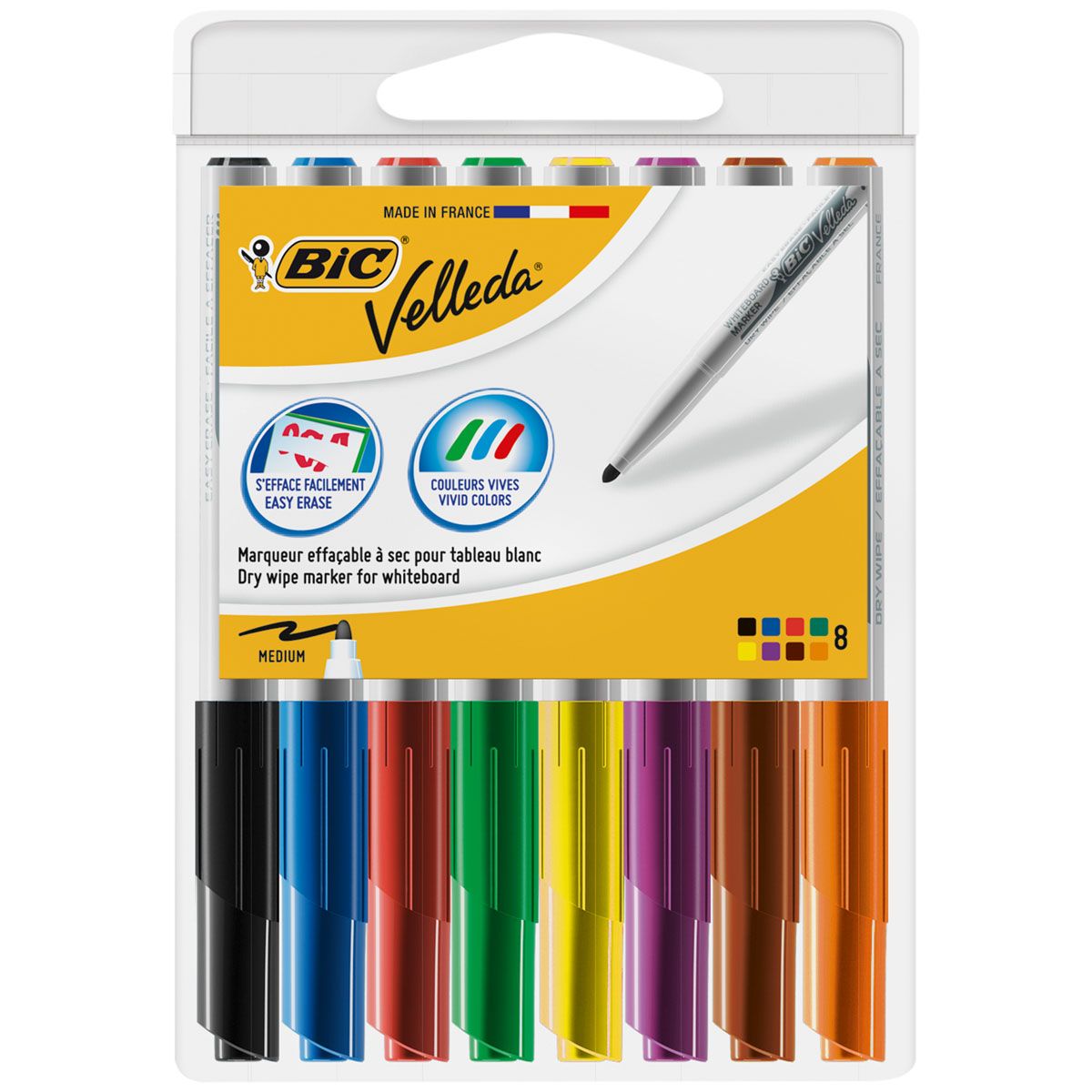 BIC Feutres pour tableau blanc effaçables à sec pointe conique moyenne bleu/noir/rouge/vert VELLEDA 1741 (lot de 8)