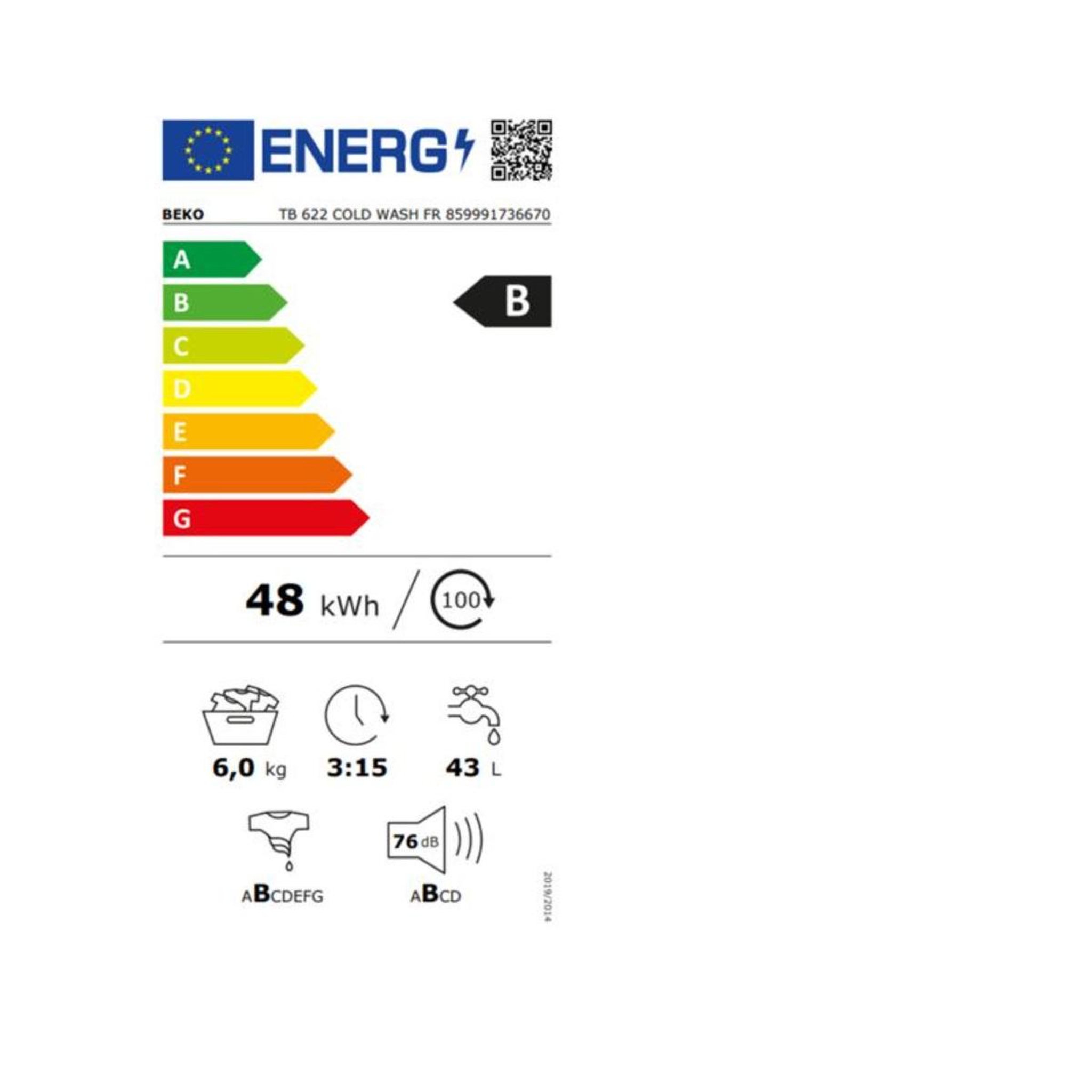 Voir la diapositive 2 : Beko Lave-linge top 6kg 1200 tours/min blanc - TB622COLDWASHFR
