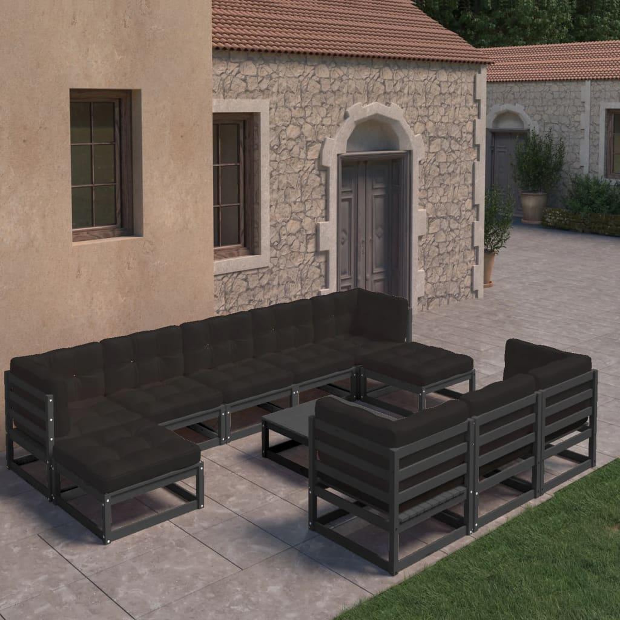 Voir la diapositive 1 : VIDAXL Salon de jardin 11 pcs avec coussins Noir Bois de pin massif
