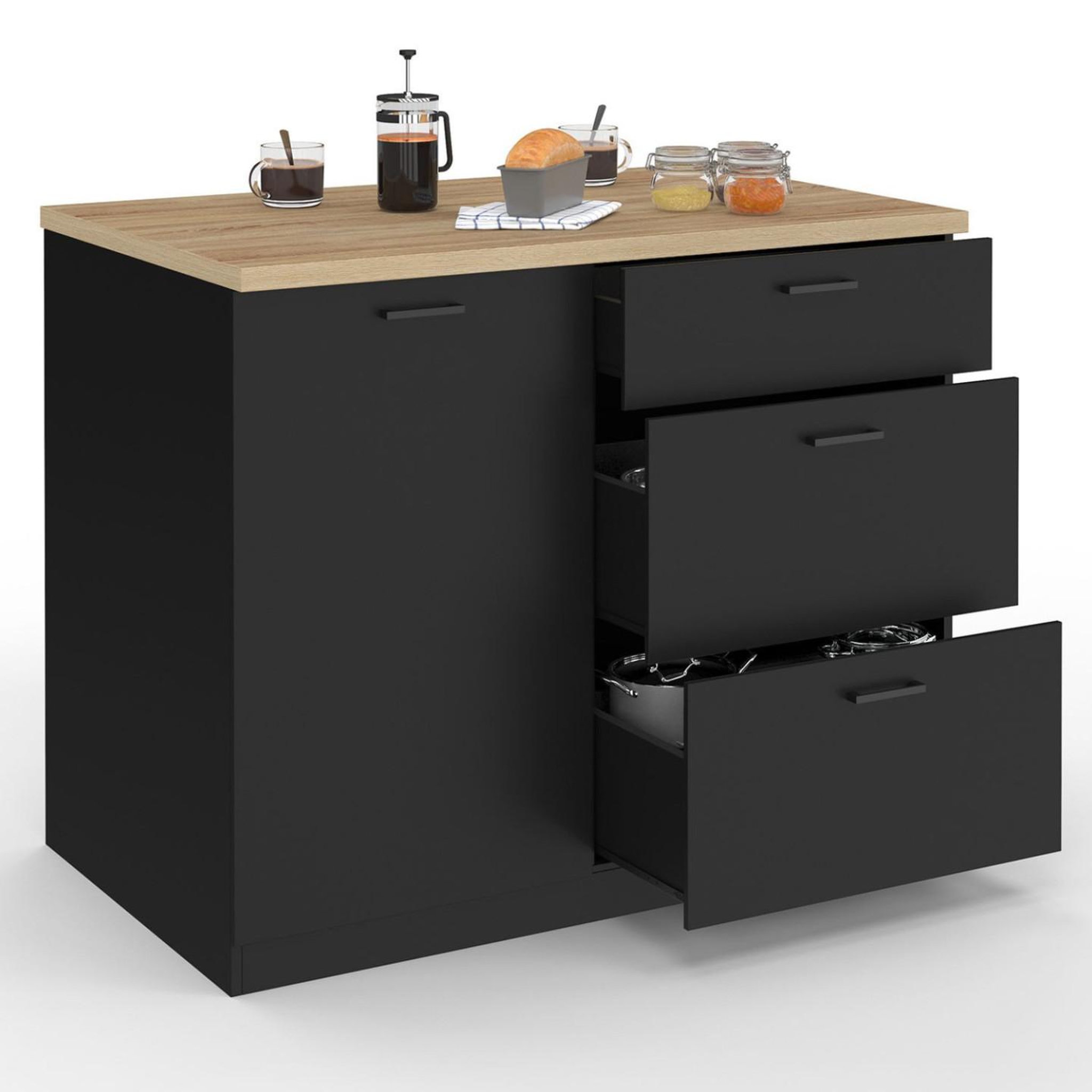 ID MARKET Ilot central tibo 110 cm casserolier 3 tiroirs bois noir avec plan de travail façon hêtre