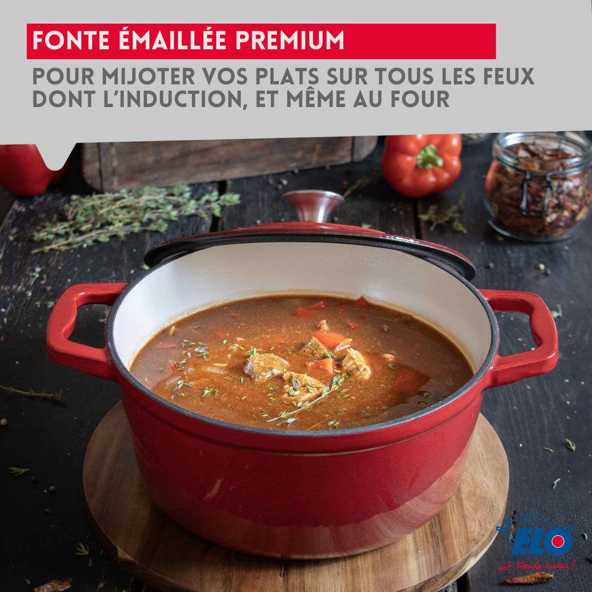 Voir la diapositive 4 : ELO Cocotte en fonte émaillée 26 cm rouge cerise 4.5 L Elo