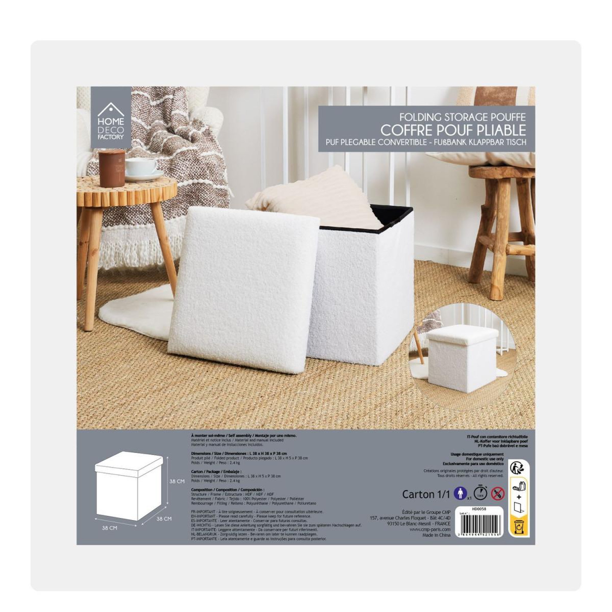 Voir la diapositive 6 : The Home Deco Factory Coffre pouf pliable  bouclette  38cm blanc
