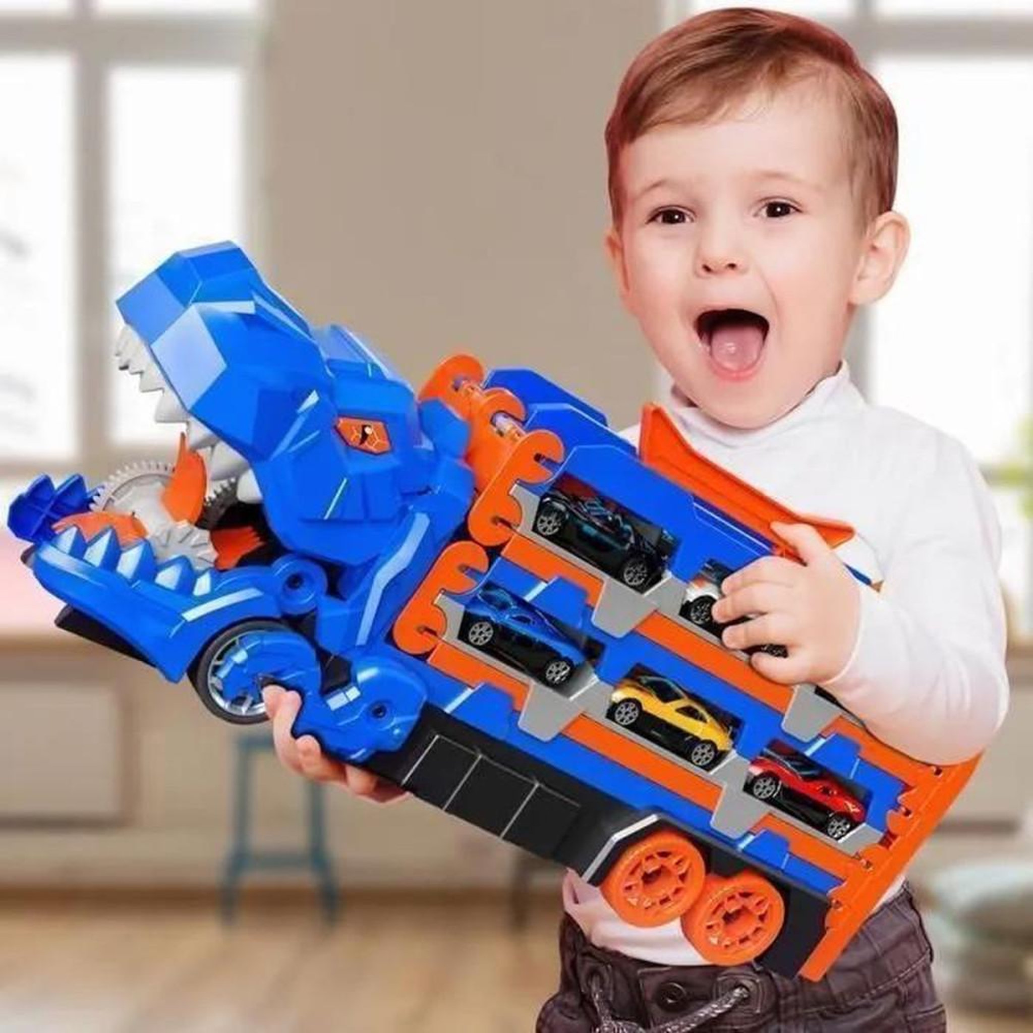 Voir la diapositive 2 : Camion dinosaure piste et catapulte avec 3 niveaux de transport et 12 mini voitures en ABS