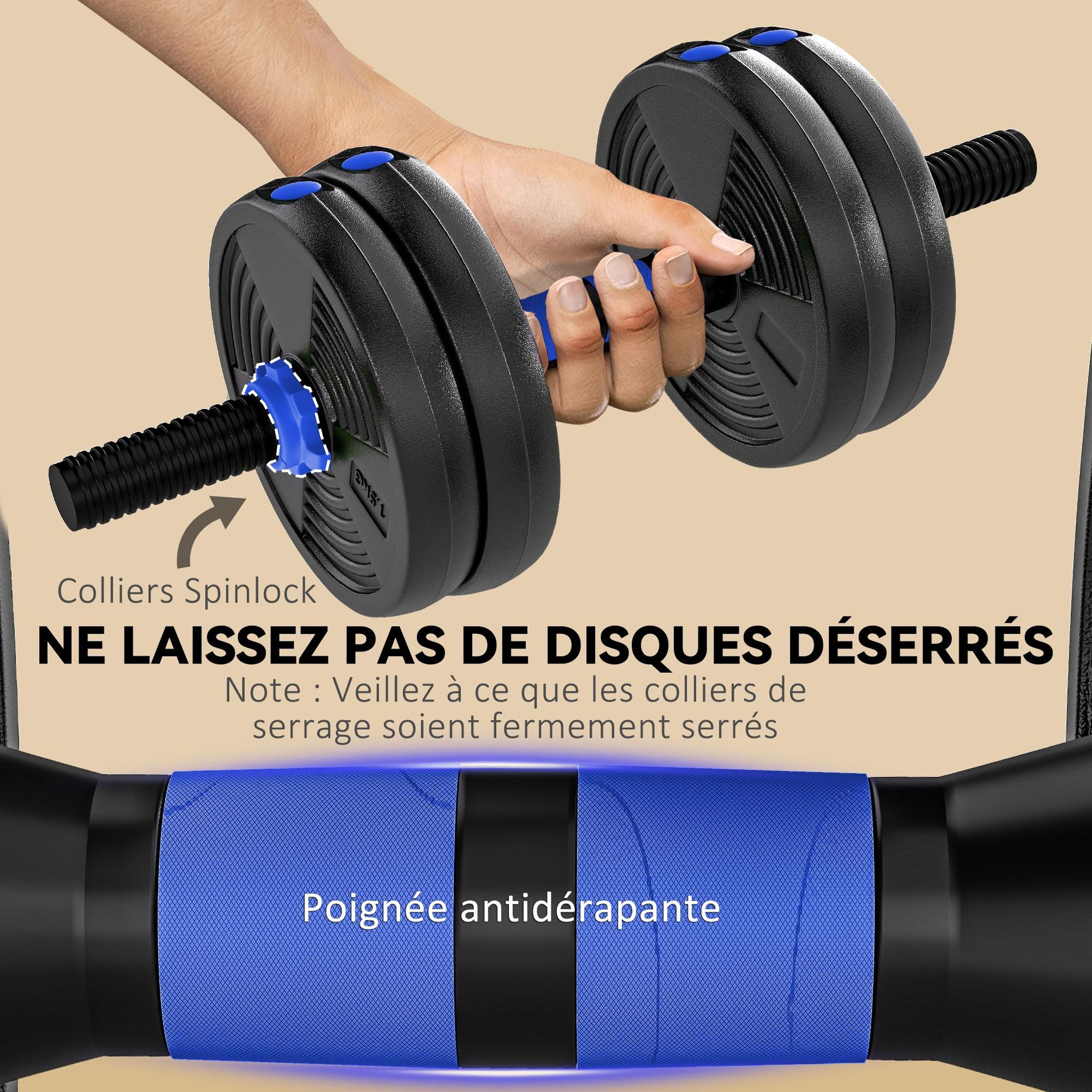Voir la diapositive 6 : HOMCOM Ensemble d'haltères musculation multifonction 3 en 1 - haltères, olympic barre, curl ez barre - total 15kg - pvc bleu noir
