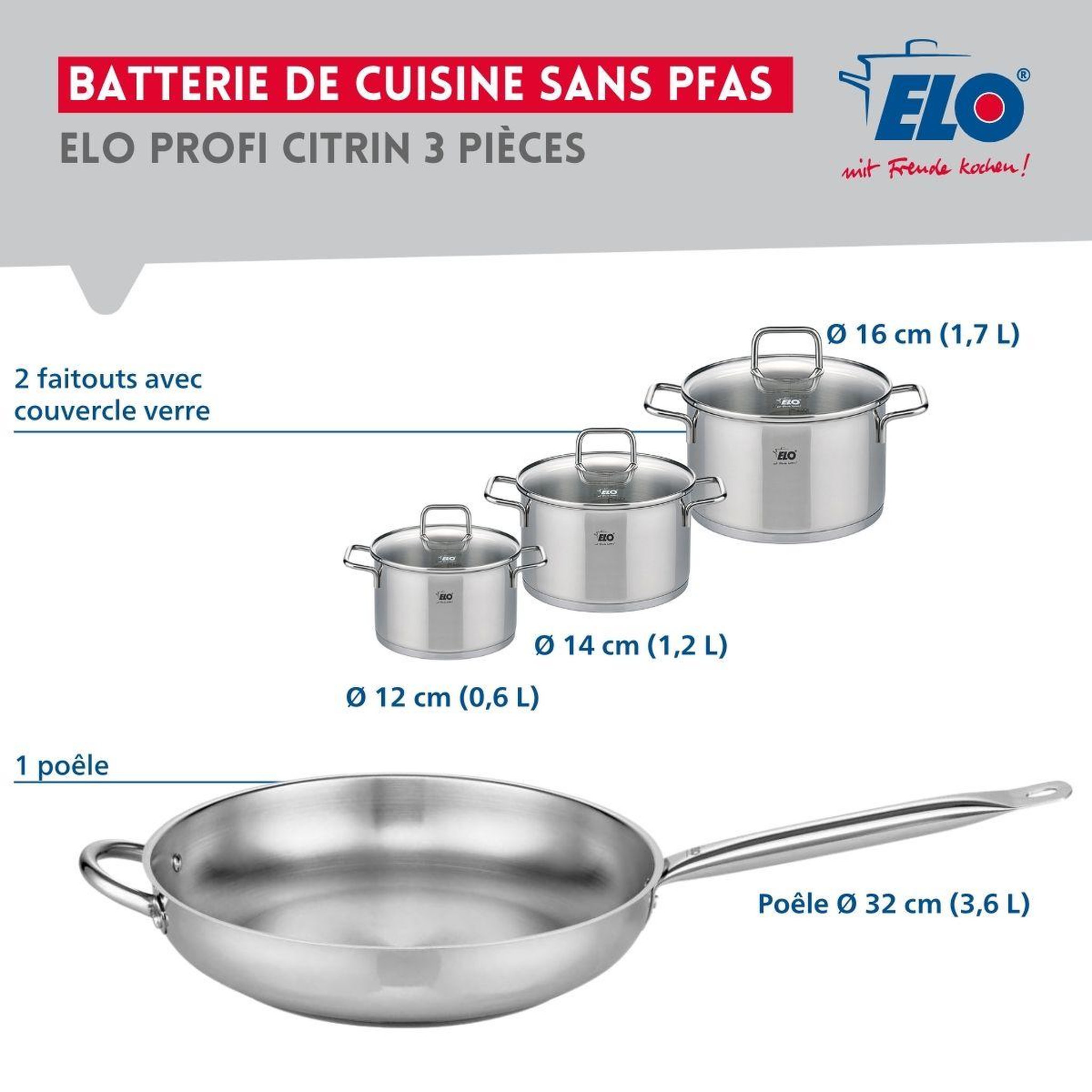 Voir la diapositive 2 : ELO Ensemble de 1 poêle de cuisson 32 cm et 3 faitouts 12, 14 et 16 cm elo profi citrin