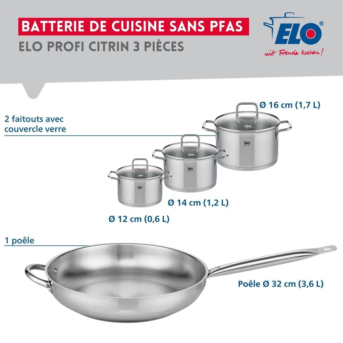 ELO Ensemble de 1 Poêle de cuisson 32 cm et 3 faitouts 12, 14 et 16 cm Elo Profi Citrin