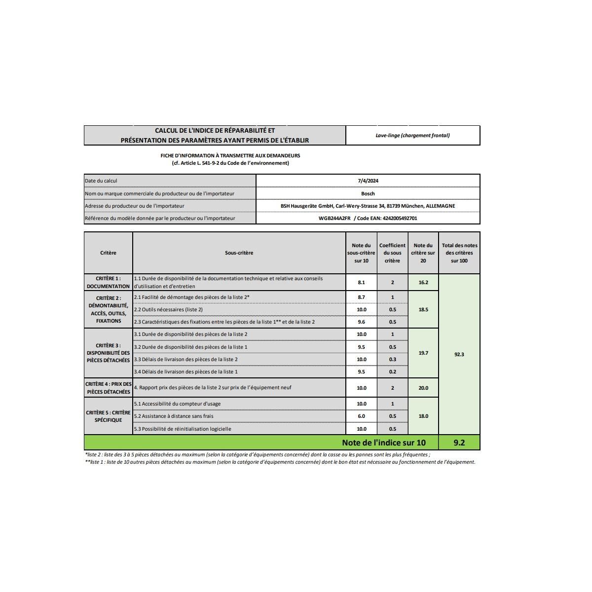 BOSCH Lave-linge hublot 60cm 9kg 1400 tr/min - WGB244A2FR