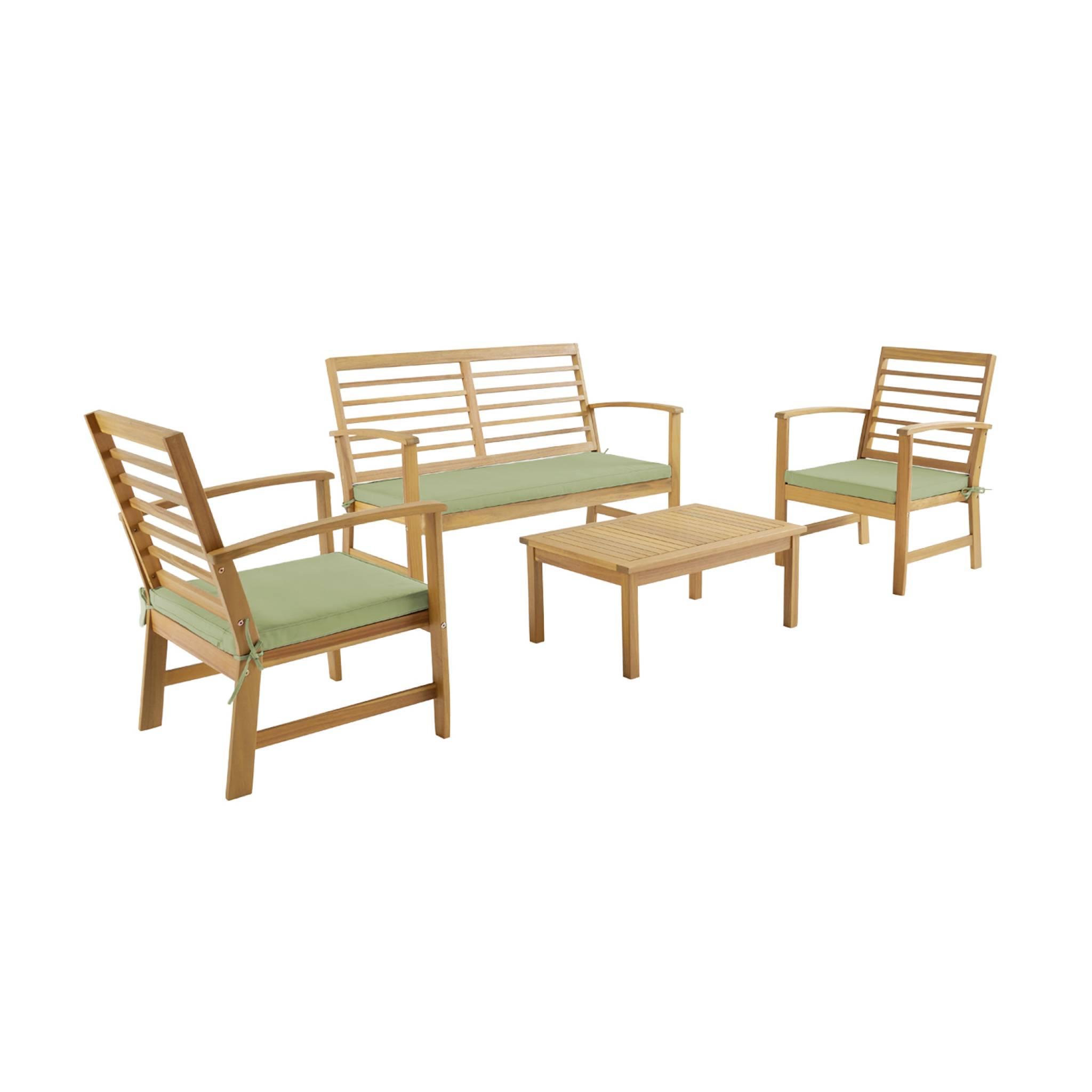 Voir la diapositive 1 : SWEEEK Salon de jardin CHLOE en bois d'acacia 4 places, avec coussins en polyester, un canapé, une table, deux fauteuils