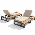 MERAX Bain de soleil 2 places en métal et bois avec dossier réglable, coussin et étagères. Coloris disponibles : Gris, Beige