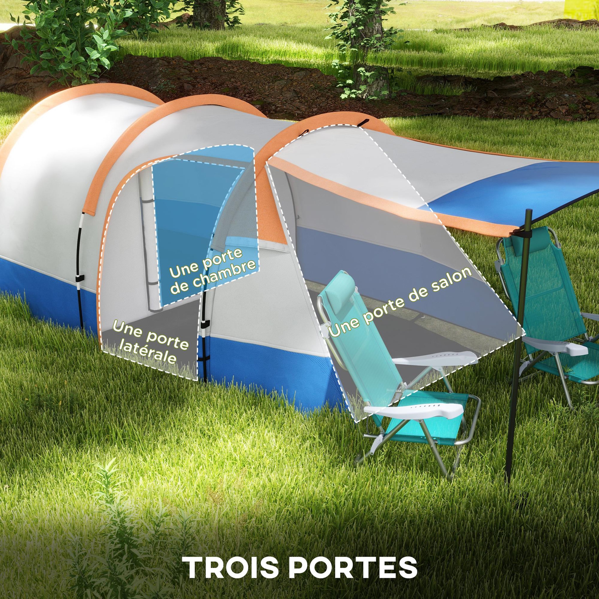 Voir la diapositive 5 : OUTSUNNY Tente de camping 2-3 pers. Porche étanche 2000 mm 3 portes sac de transport orange