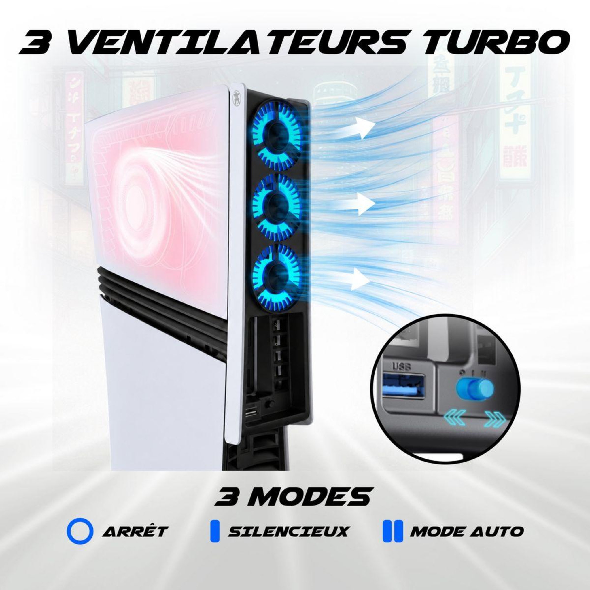 Voir la diapositive 3 : AKUMA Support console ventilateur cyber w01 led ps5 pro