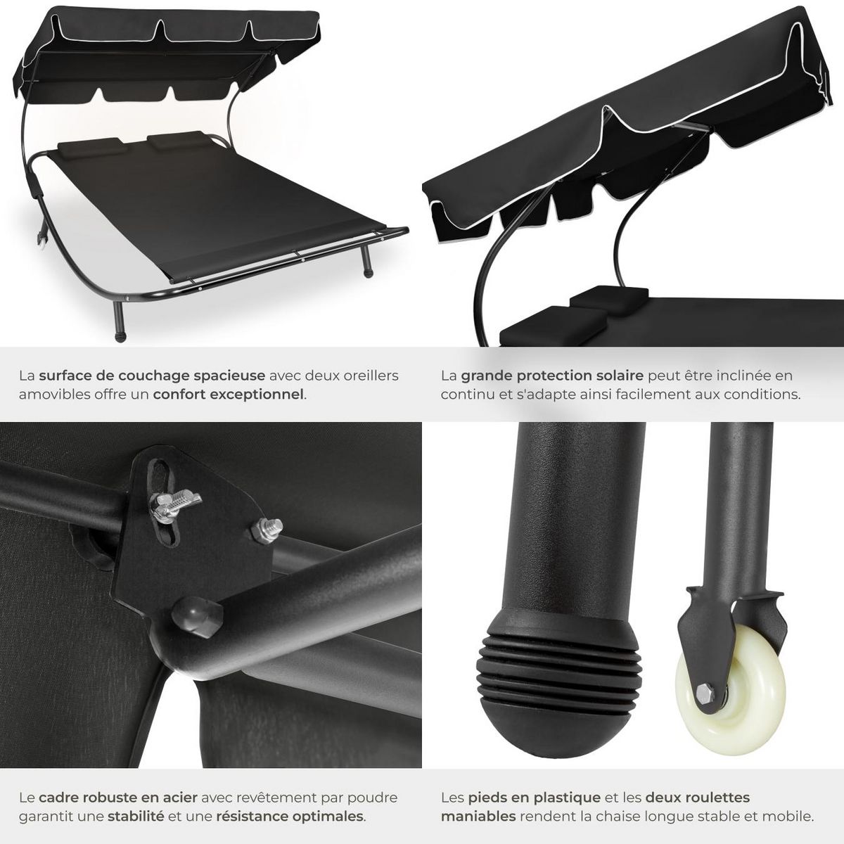 tectake Transat en acier pour 2 personnes noir/noir