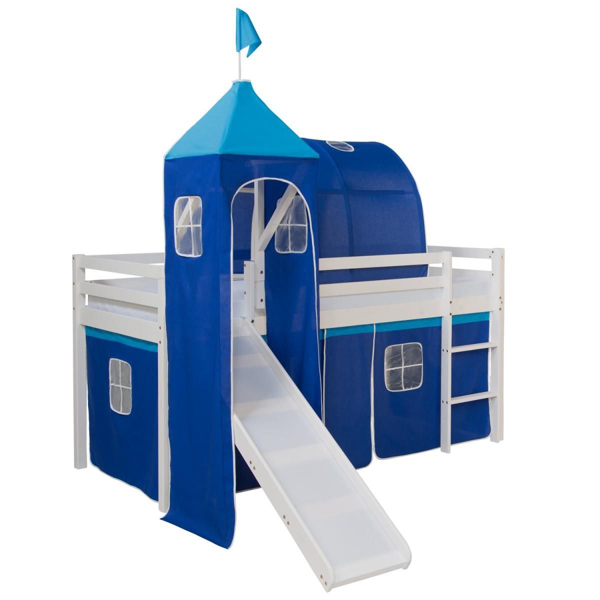 HomeStyle4U Lit Simple Blanc 90x200 en hauteur avec echelle Rideau Tour Tunnel Bleu et toboggan