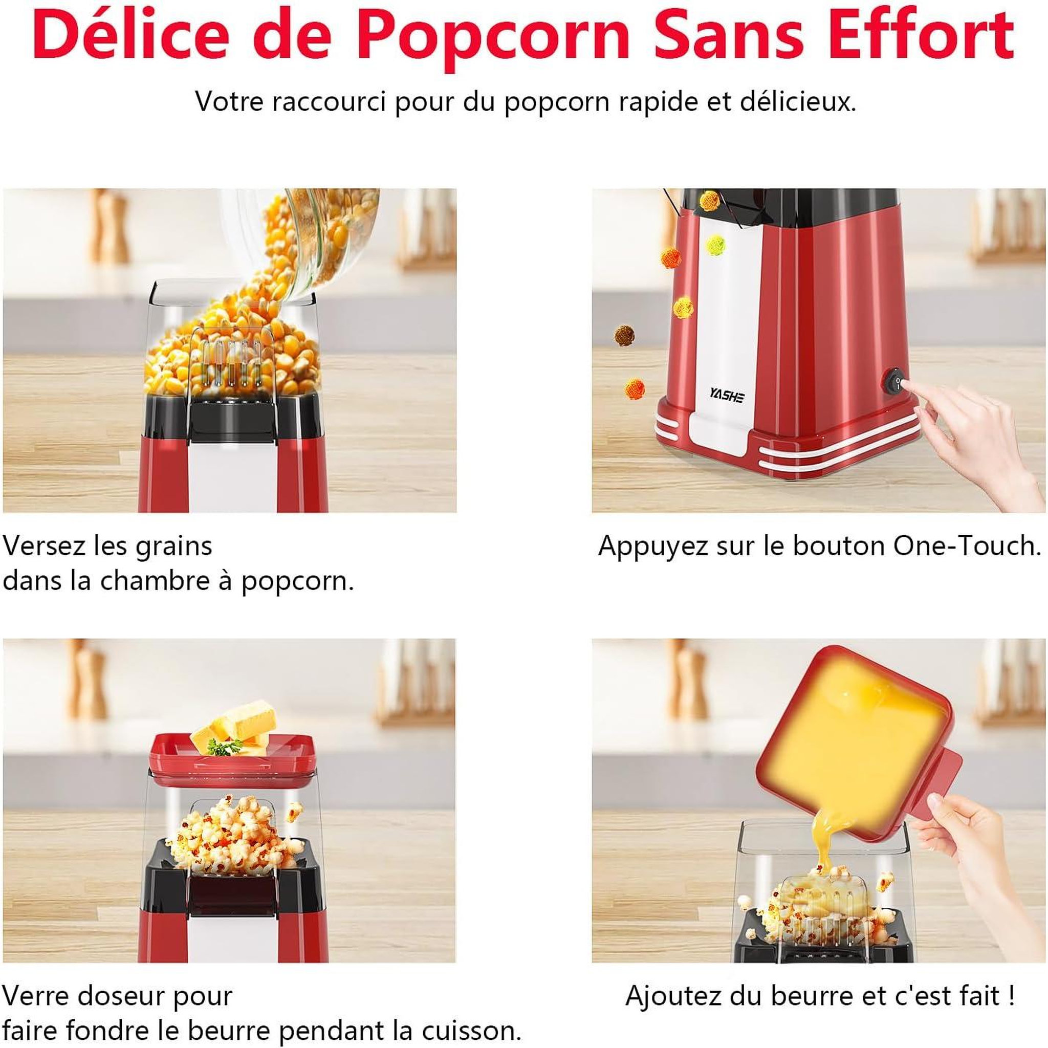 Voir la diapositive 4 : YASHE Machine à pop-corn 1200 W, air chaud, rouge