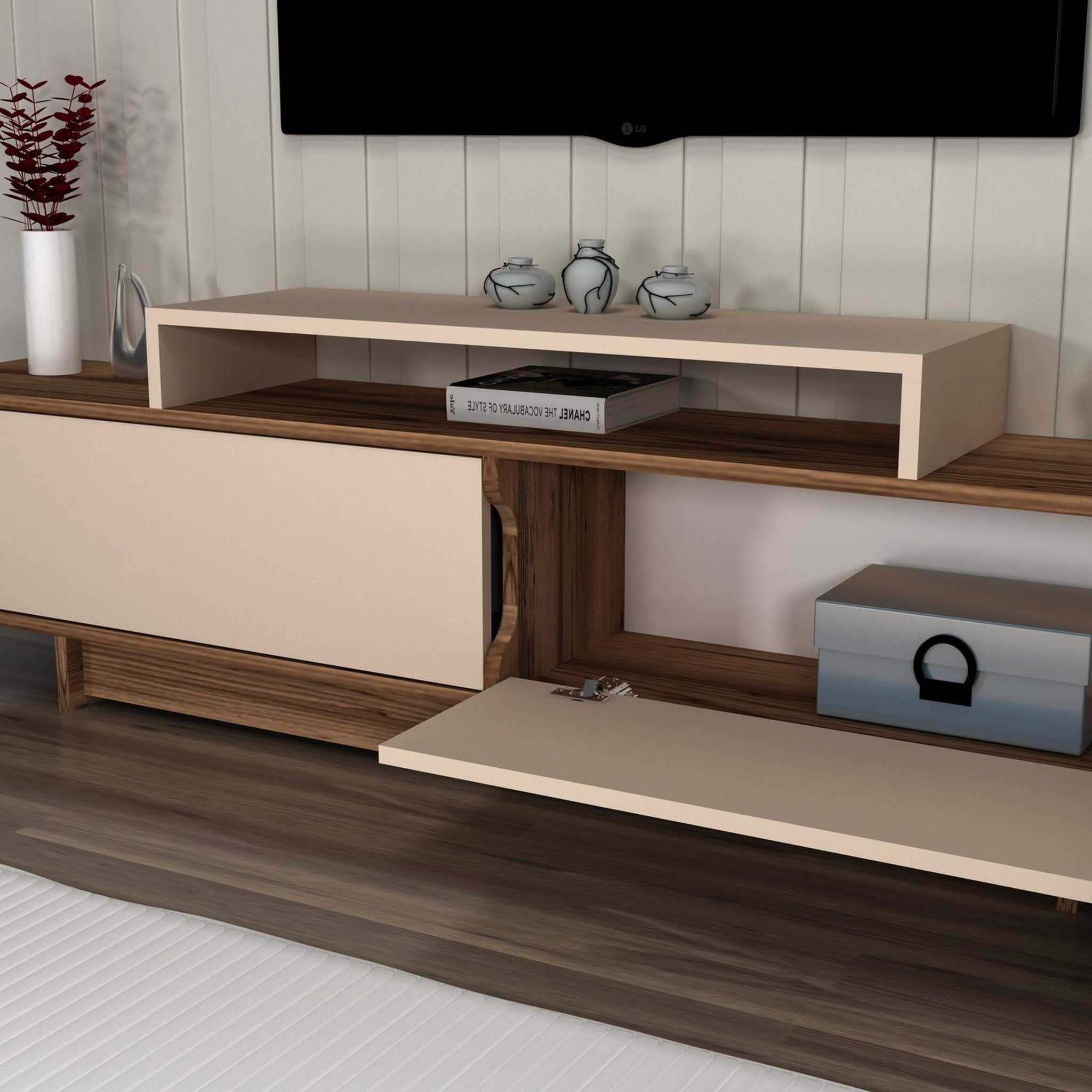 Voir la diapositive 6 : TOILINUX Meuble tv 2 portes basculantes et 1 niche noeline - beige