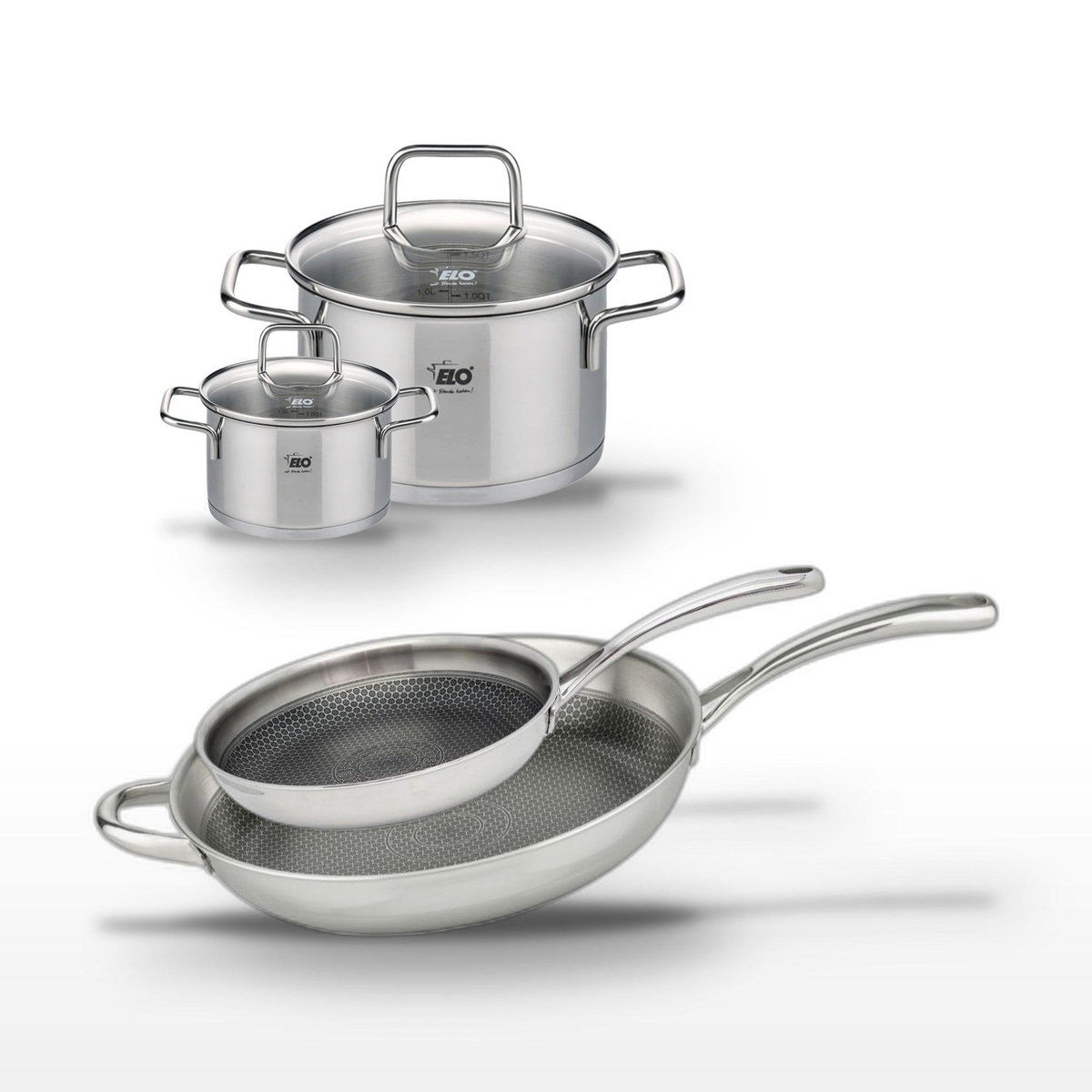 ELO Lot de 2 Poêles 28/32 cm et 2 Faitouts 12/20 cm Elo Relief Evolution