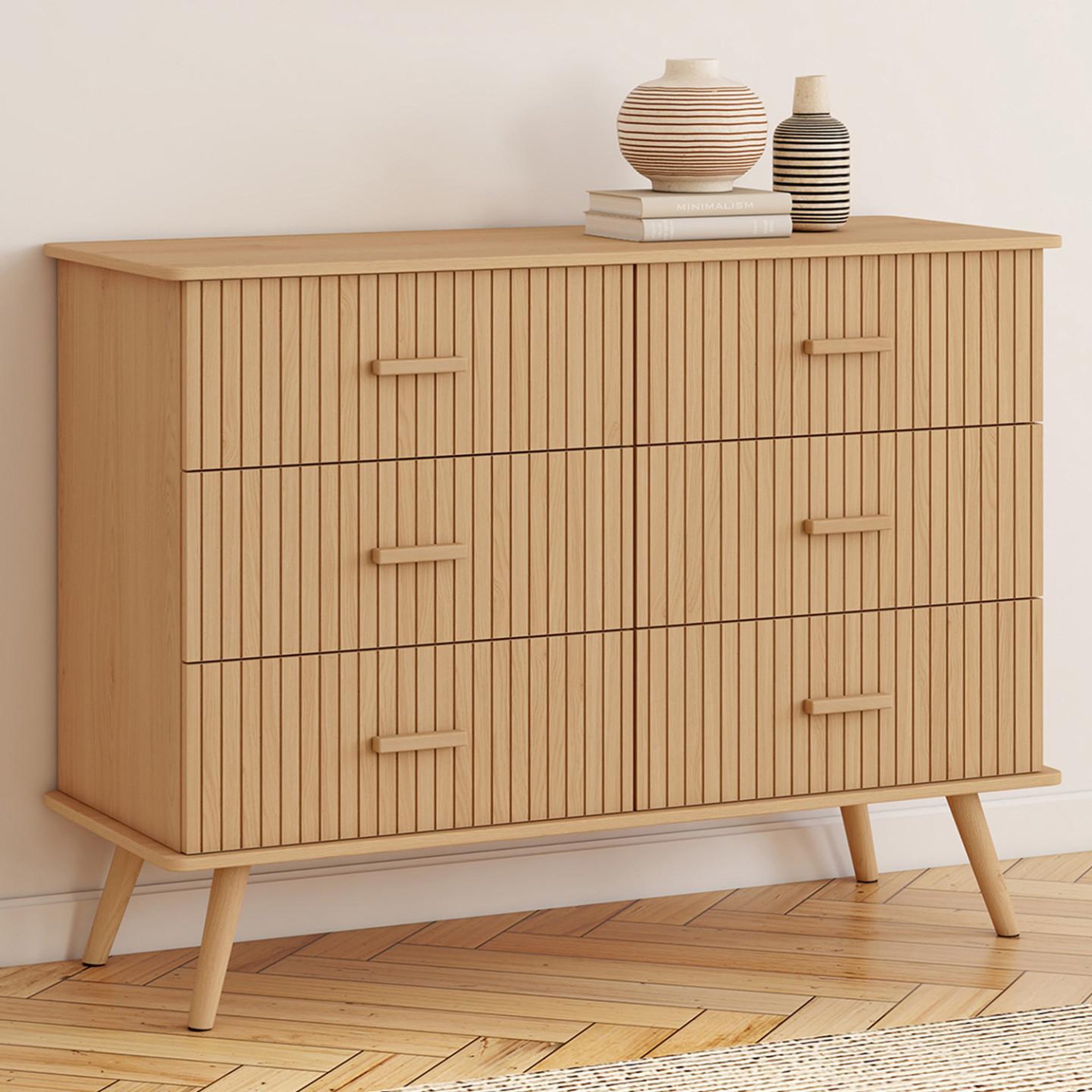 Voir la diapositive 2 : ID MARKET Commode 6 tiroirs juliette 110 cm effet lattes tasseau bois coloris chêne