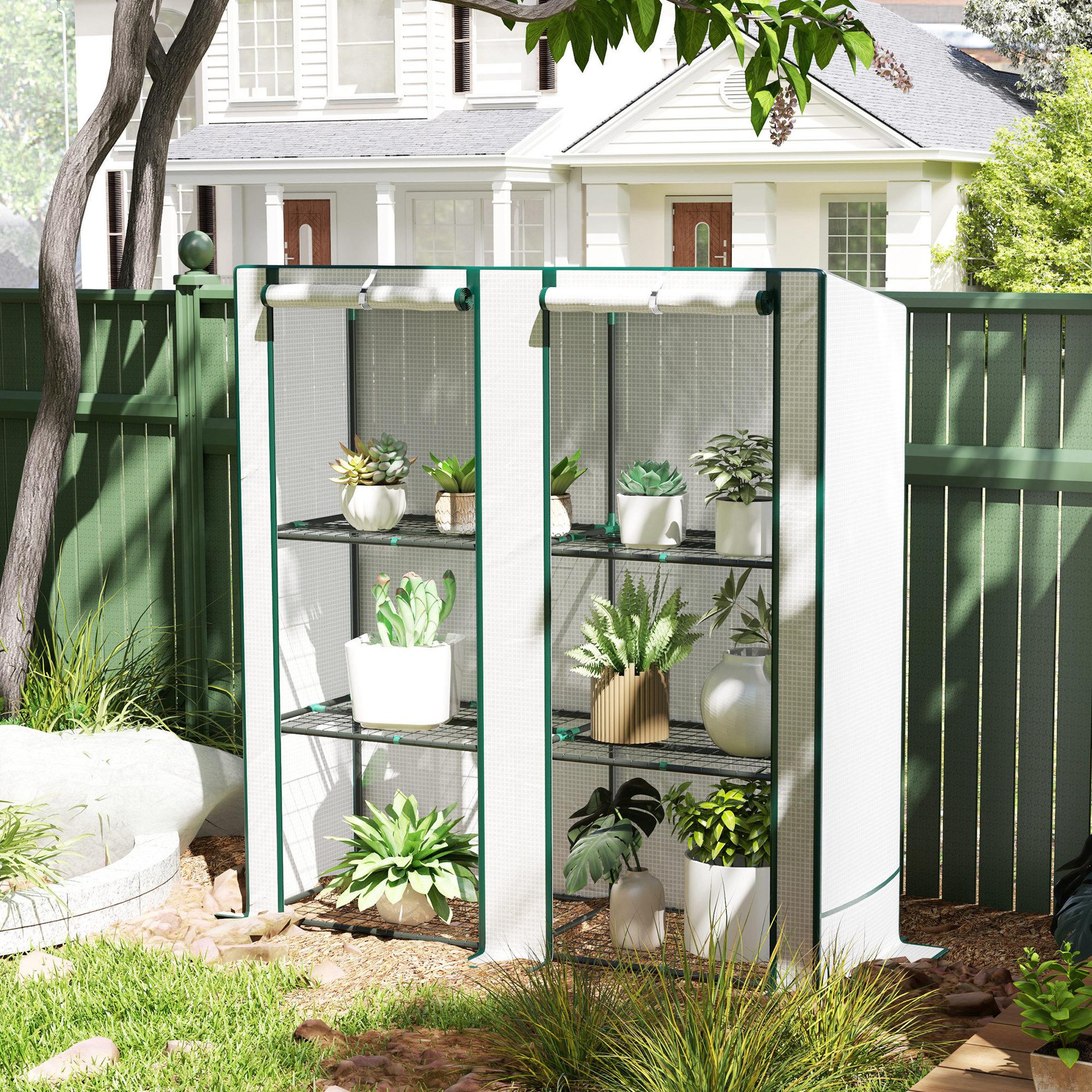 Voir la diapositive 4 : OUTSUNNY Serre de jardin balcon avec étagères métalliques 3 niveaux 2 portes acier noir pe blanc