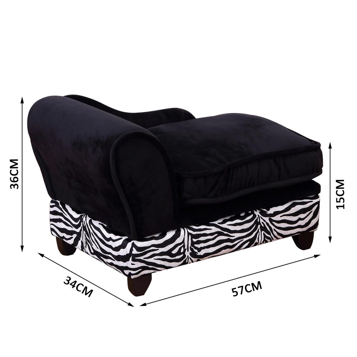 PAWHUT Méridienne canapé design pour chien chat avec coffre de rangement sur pied 57 x 34 x 36 cm noir zébré