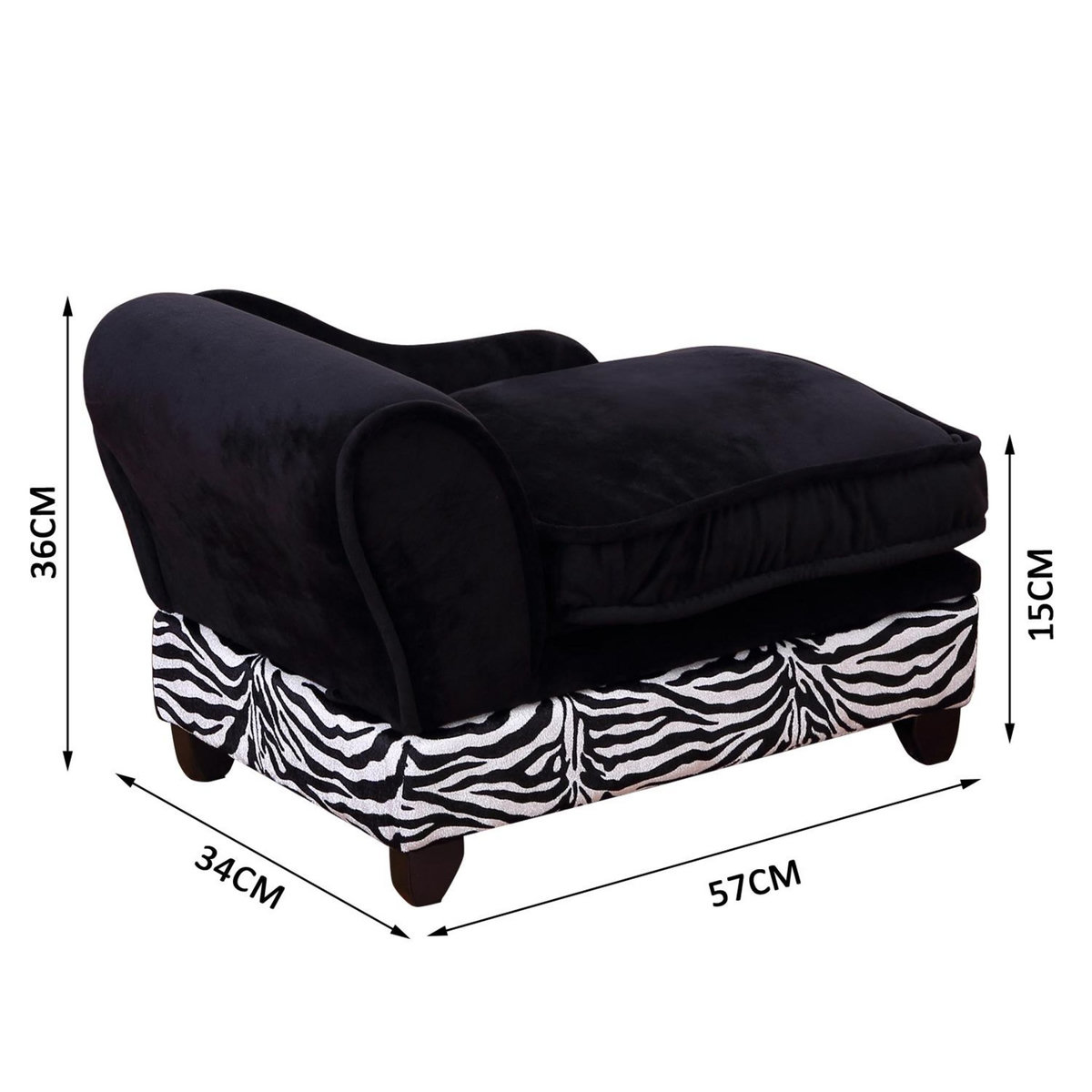 PAWHUT Méridienne canapé design pour chien chat avec coffre de rangement sur pied 57 x 34 x 36 cm noir zébré