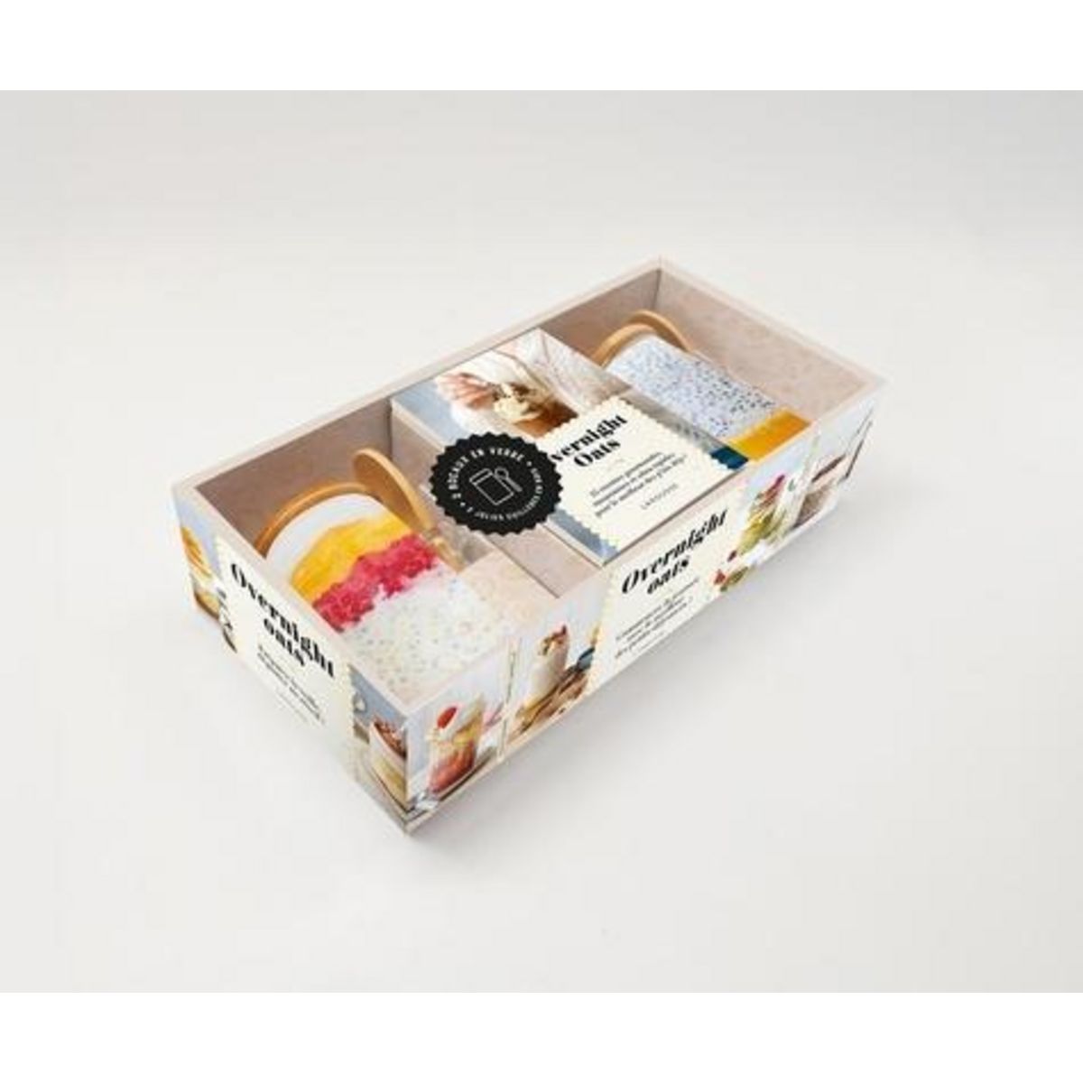 OVERNIGHT OATS. COFFRET AVEC  2 BOCAUX EN VERRE, 2 CUILLERES EN BOIS ET UN LIVRET DE RECETTES, Abraham Bérengère