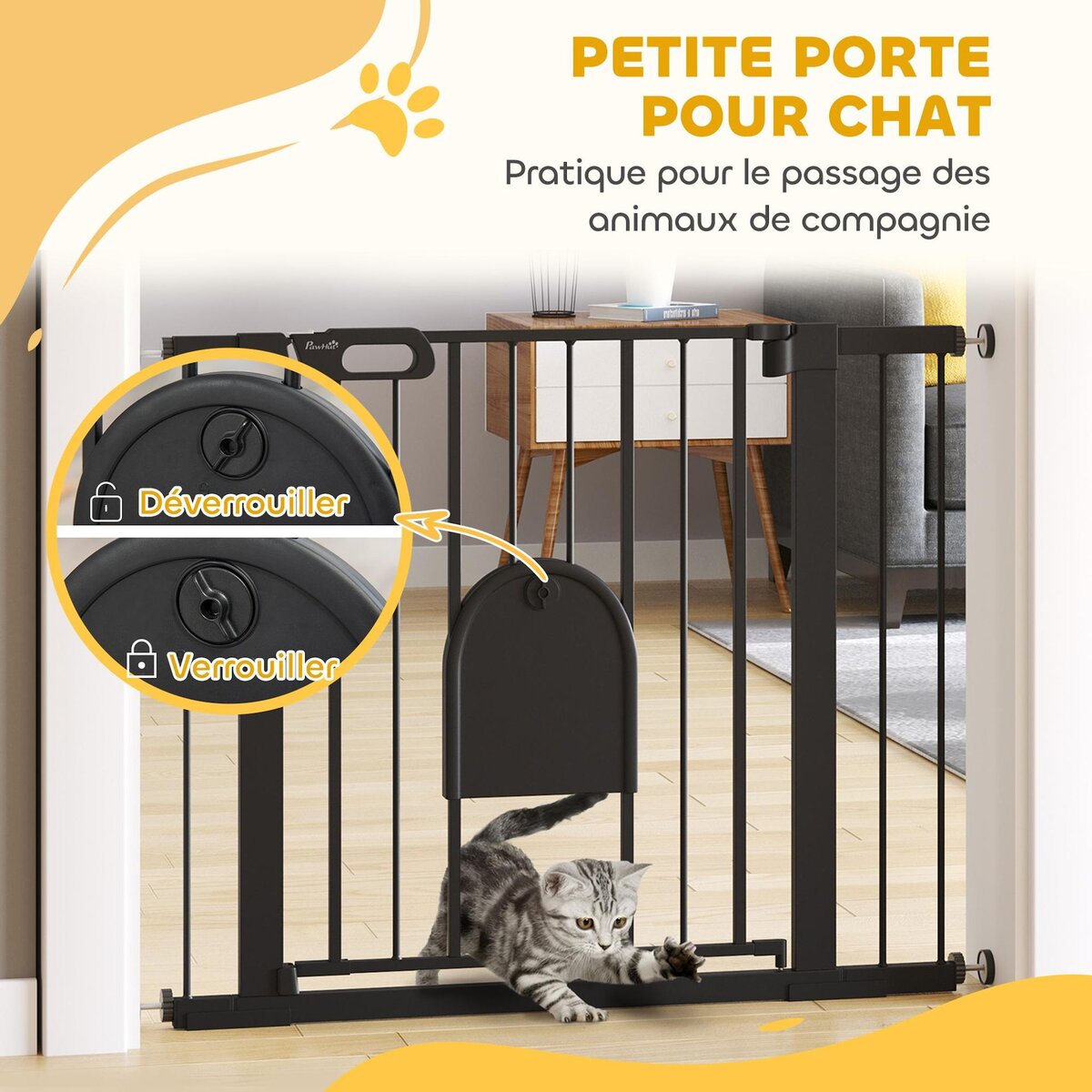 PAWHUT Barrière de sécurité chien H.76 cm - porte verrouillable - fixation par pression 75-103 cm - acier ABS noir