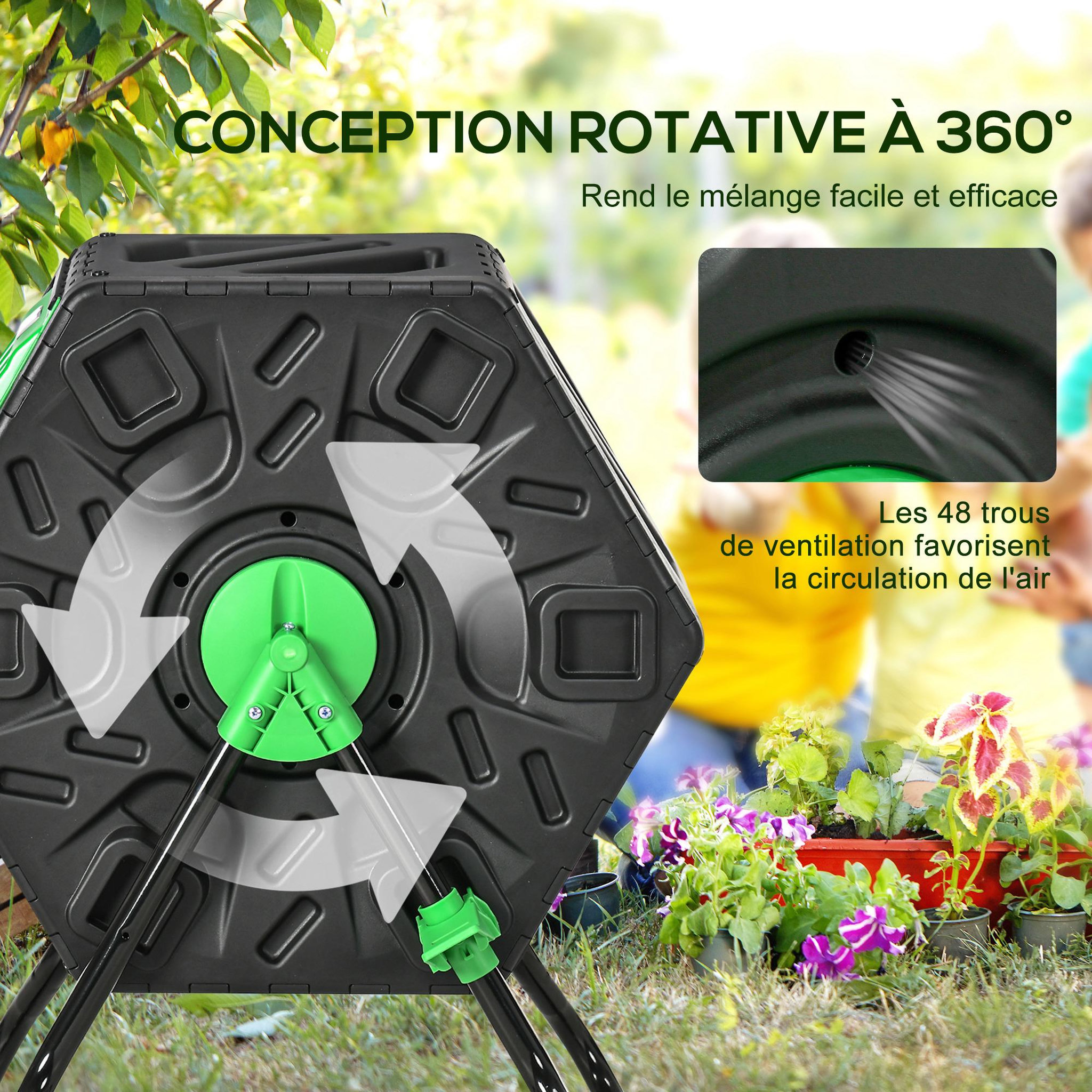 Voir la diapositive 4 : OUTSUNNY Composteur de jardin 65L - bac à compost pour déchets - rotatif 360° - acier PP noir vert