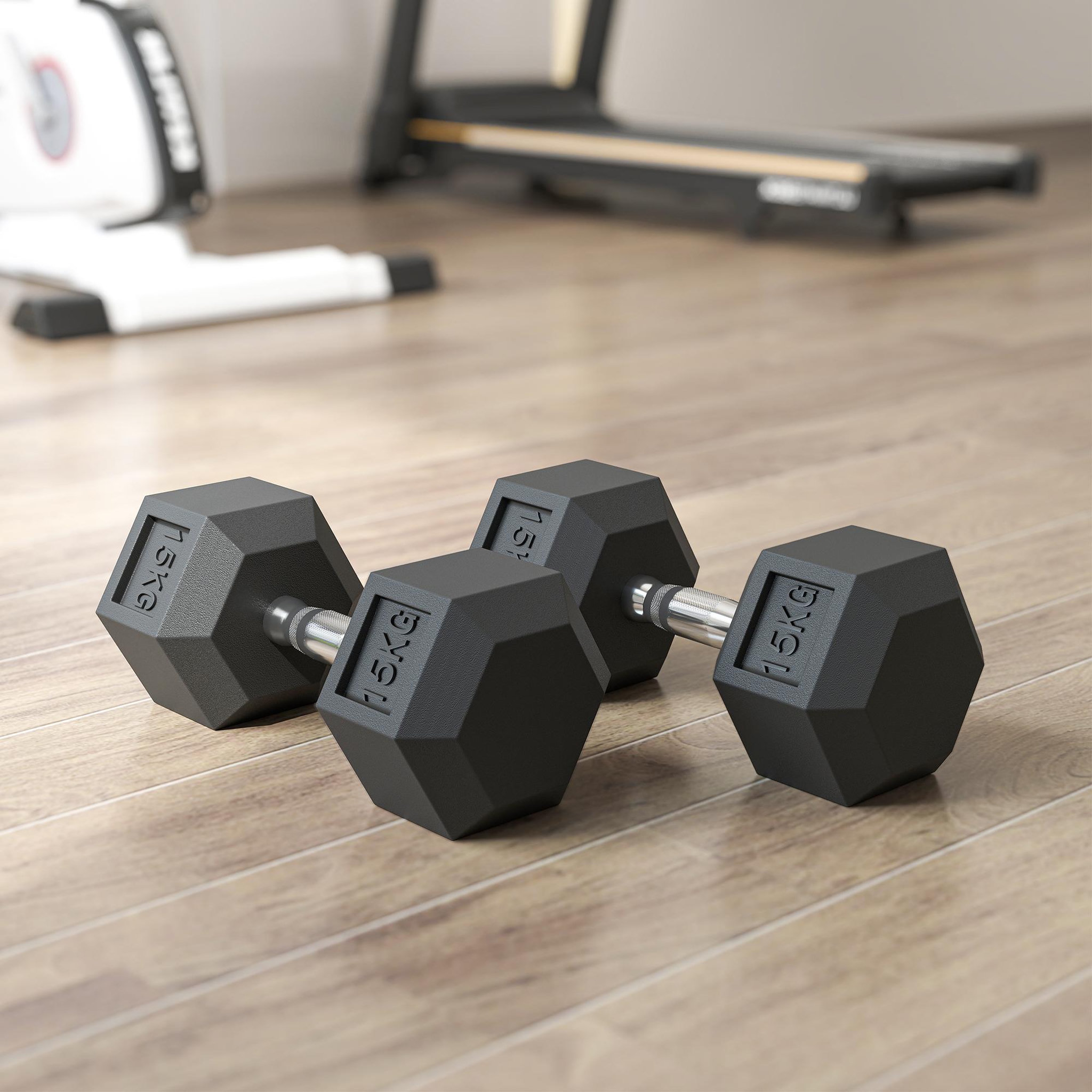 Voir la diapositive 4 : HOMCOM Lot de 2 haltères courtes poids total 30 kg - entraînement musculaire & haltérophilie - acier caoutchouc noir