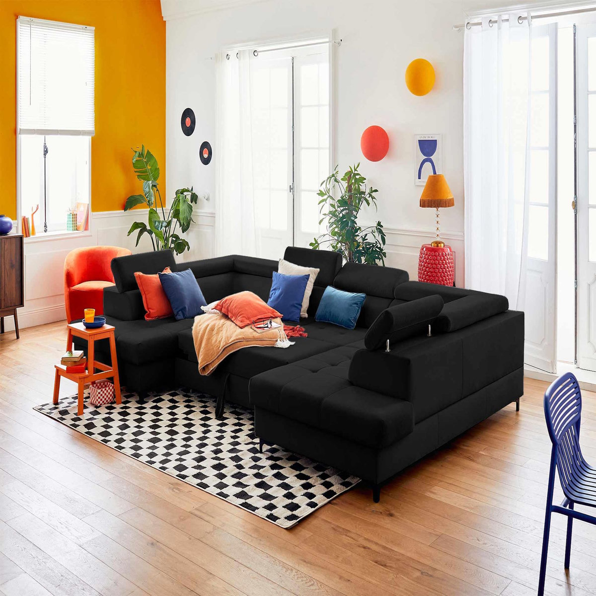 LISA DESIGN Merida - canapé panoramique en u - 7 places - convertible avec coffres et têtières réglables - en velours