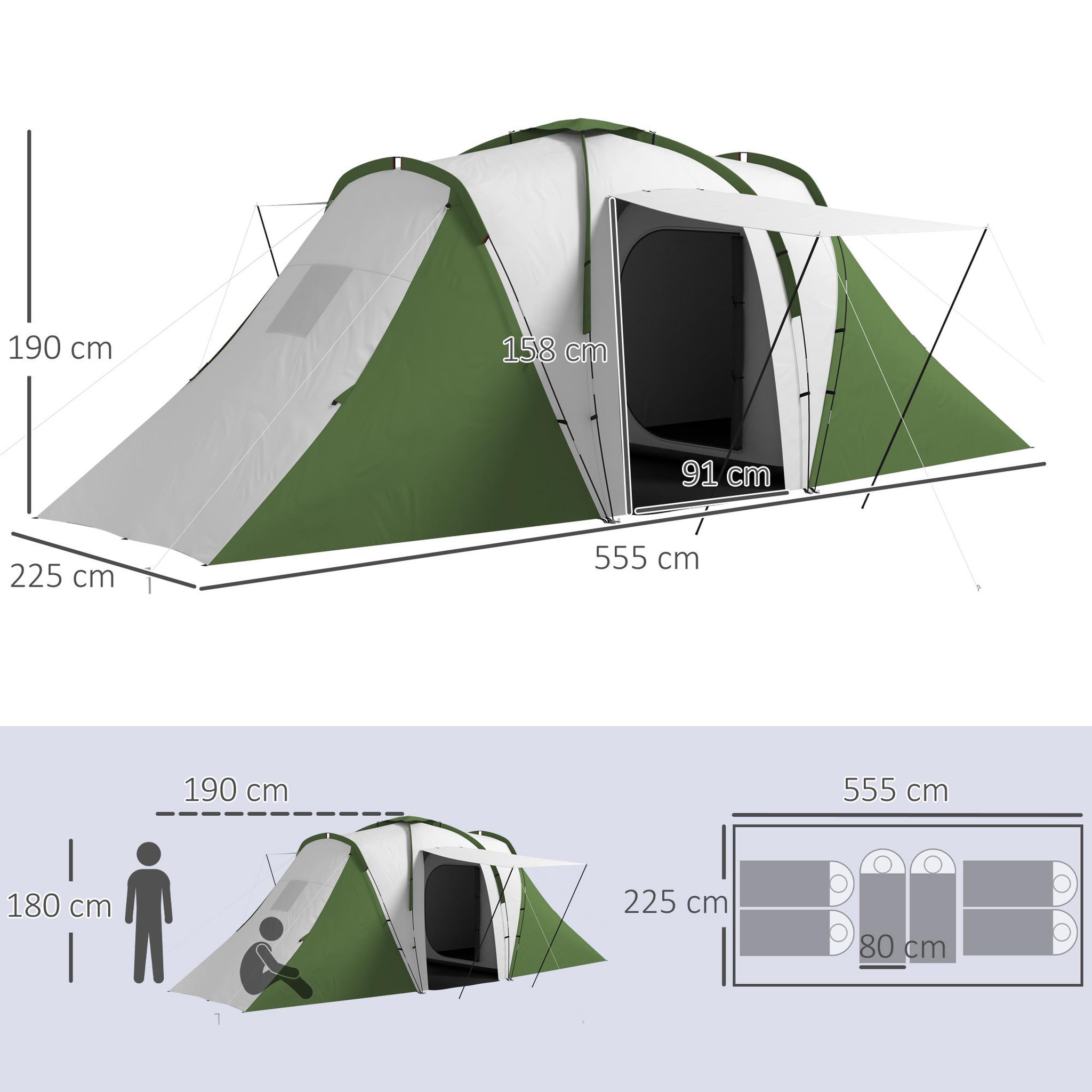 Voir la diapositive 3 : OUTSUNNY Tente de camping familiale 4-6 pers. - tente tunnel 2 grandes portes sac inclus - fibre verre polyester gris vert