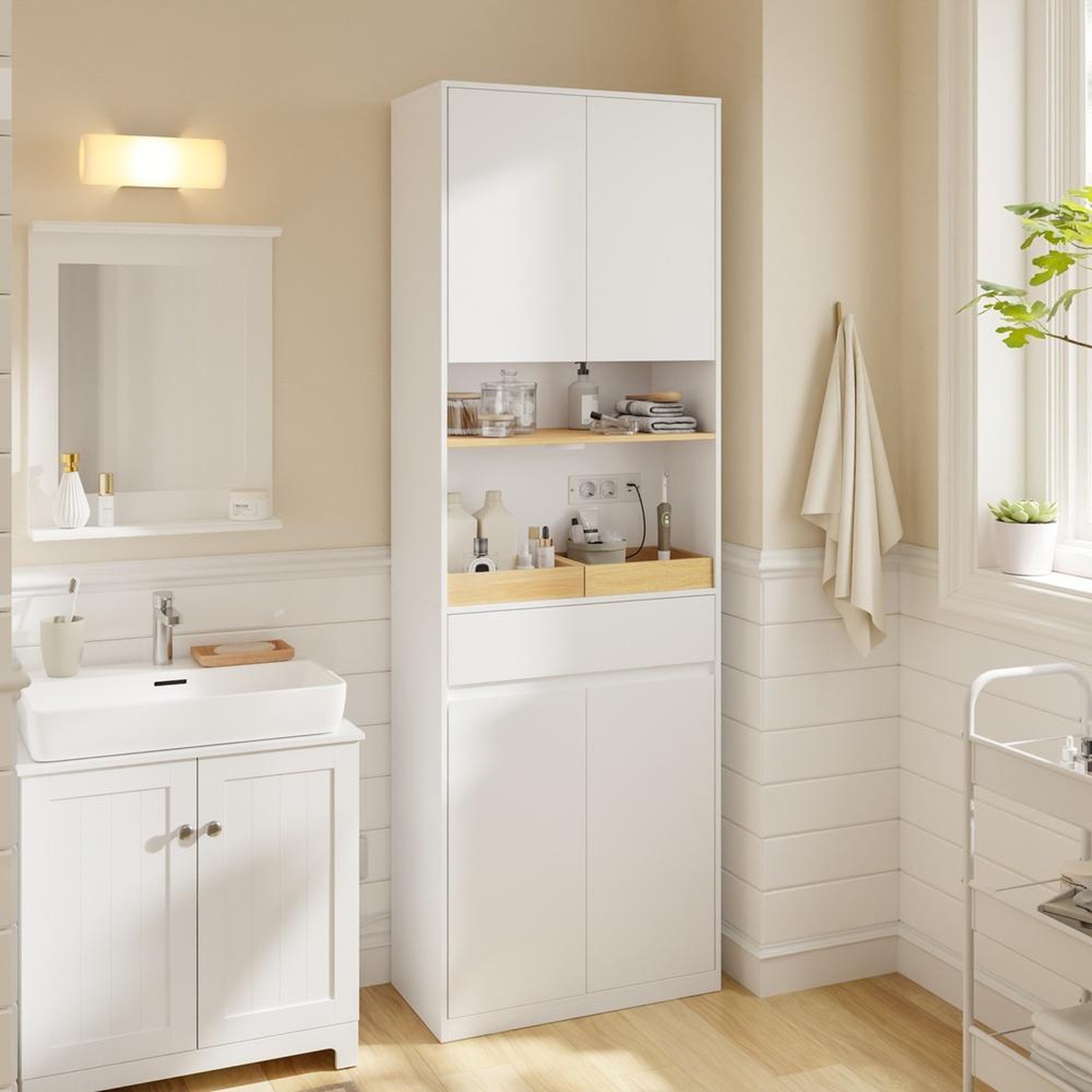 Voir la diapositive 2 : SOBUY Armoire haute salle de bain blanc avec tiroir et panier à linge 60x30x180cm bzr241-e-w
