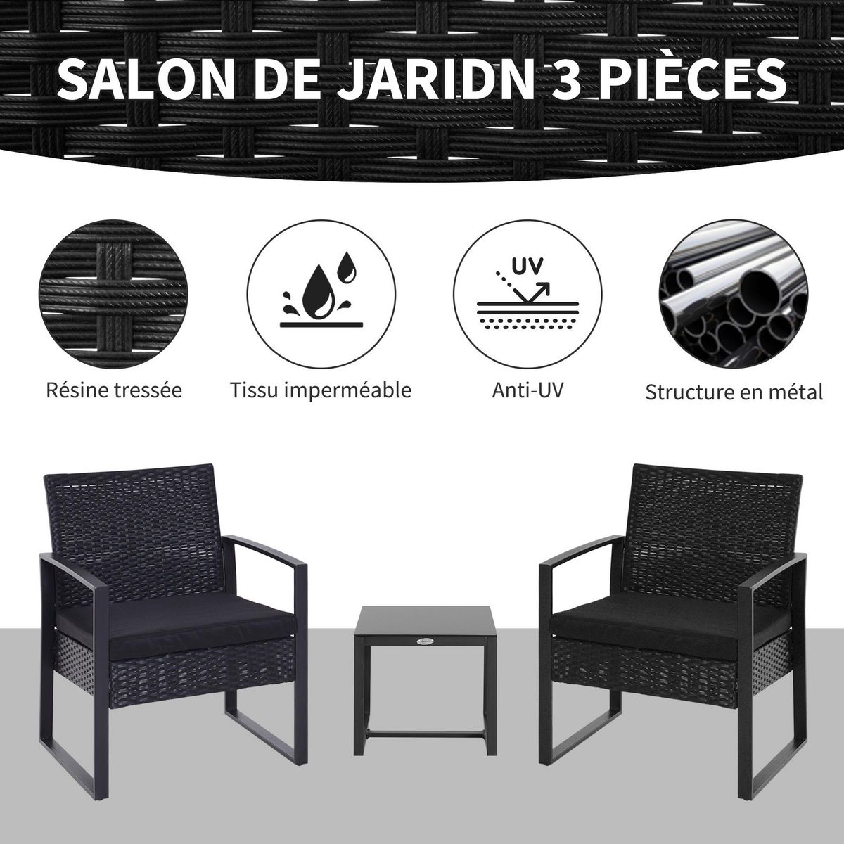 OUTSUNNY Salon de jardin 2 places 3 pièces 2 chaises avec coussins + table basse plateau verre trempé résine tressée 4 fils imitation rotin noir