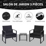 Voir la diapositive 4 : OUTSUNNY Salon de jardin 2 places 3 pièces 2 chaises avec coussins + table basse plateau verre trempé résine tressée 4 fils imitation rotin noir