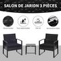 Voir la diapositive 4 : OUTSUNNY Salon de jardin 2 places 3 pièces 2 chaises avec coussins + table basse plateau verre trempé résine tressée 4 fils imitation rotin noir
