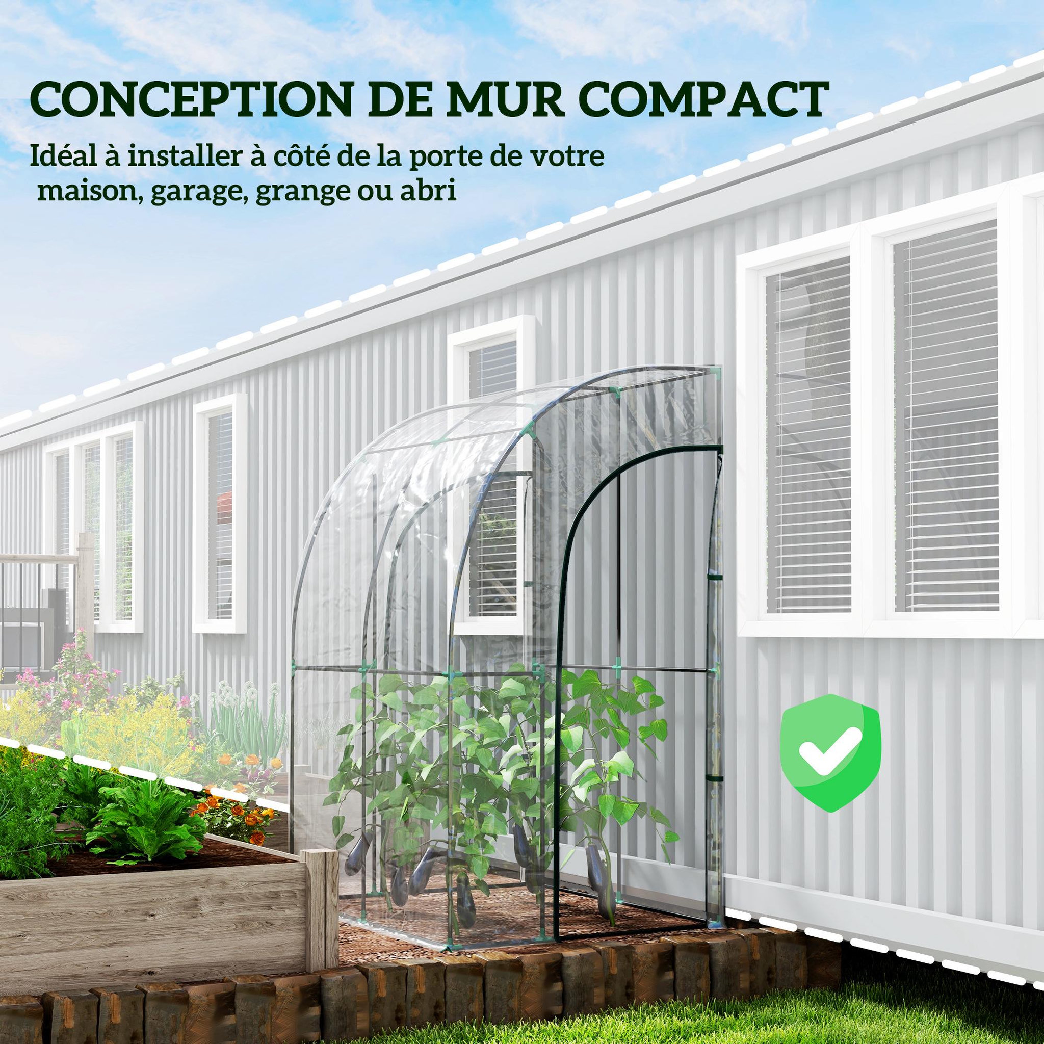 Voir la diapositive 6 : OUTSUNNY Serre de jardin adossée serre adossée dim. 1,43l x 1,18l x 2,12h m 2 portes zippées enroulables acier pvc transparent