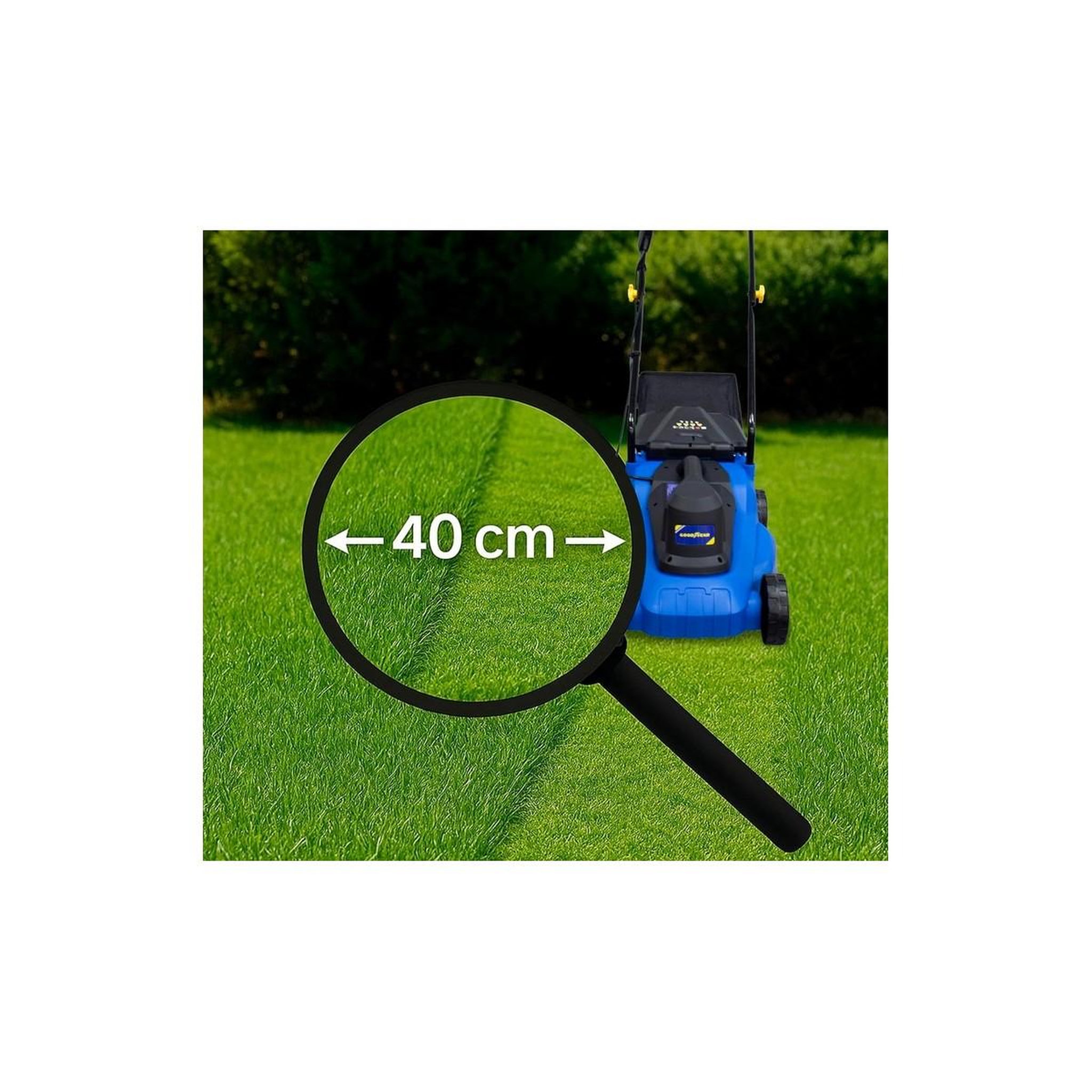 Voir la diapositive 2 : GOODYEAR Tondeuse electrique 1800W Coupe Ø 40 cm Hauteur de coupe réglable de 25-75 mm Bac 35L GOODYEAR