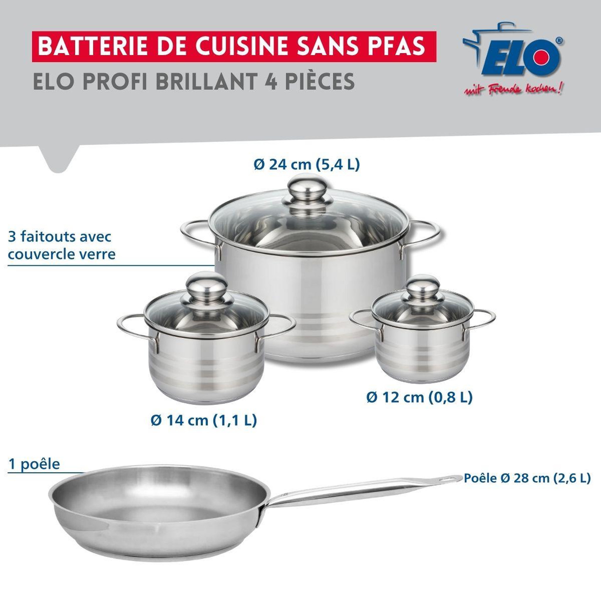 Voir la diapositive 2 : ELO Ensemble de 1 poêle de cuisson 28 cm et 3 faitouts 12, 14 et 24 cm elo profi brillant